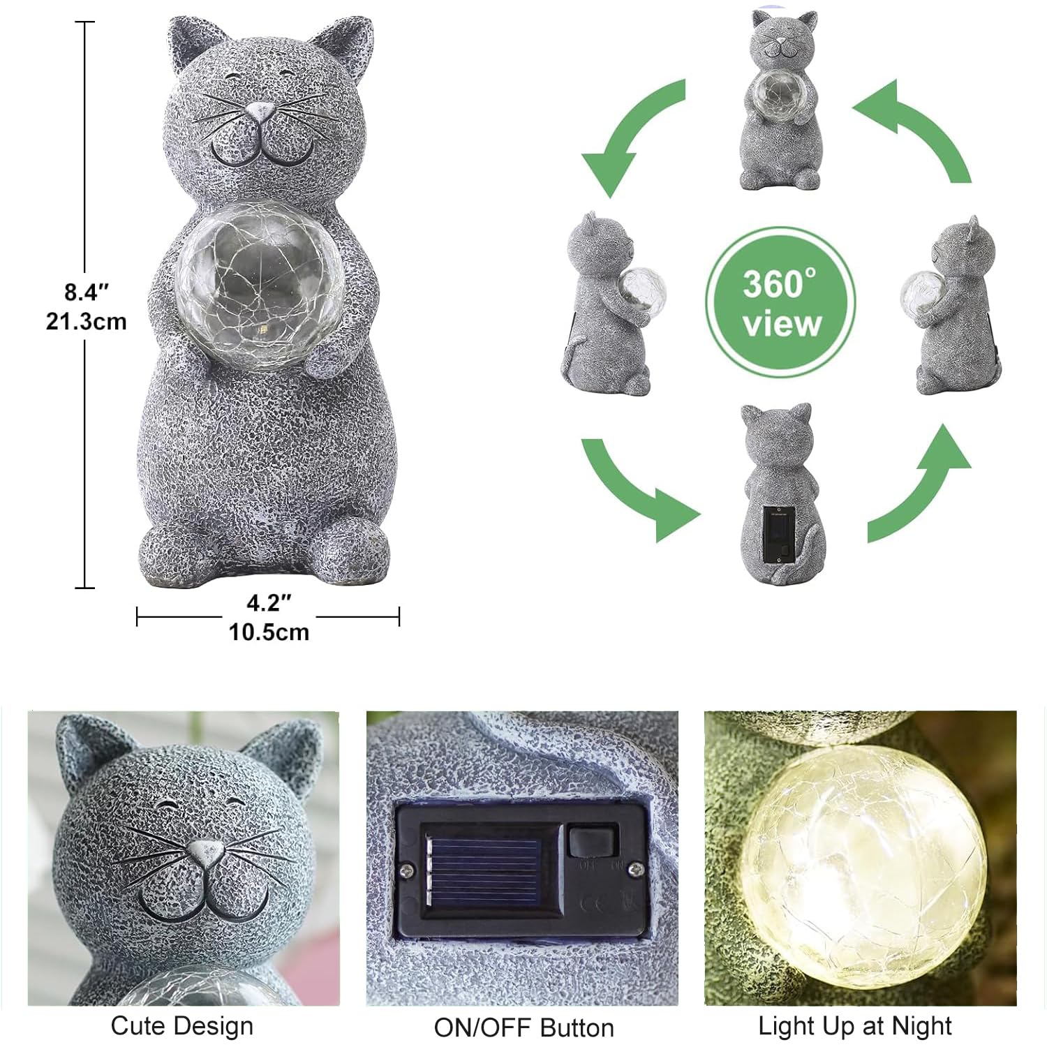 Solar Cat Statue with LED Lights - Outdoor Garden Decor, Gray Cat Figurine for Patio, Yard & Home - Perfect Gift for Mom, Grandma & Cat Lovers (Night Light & Landscape Decoration)