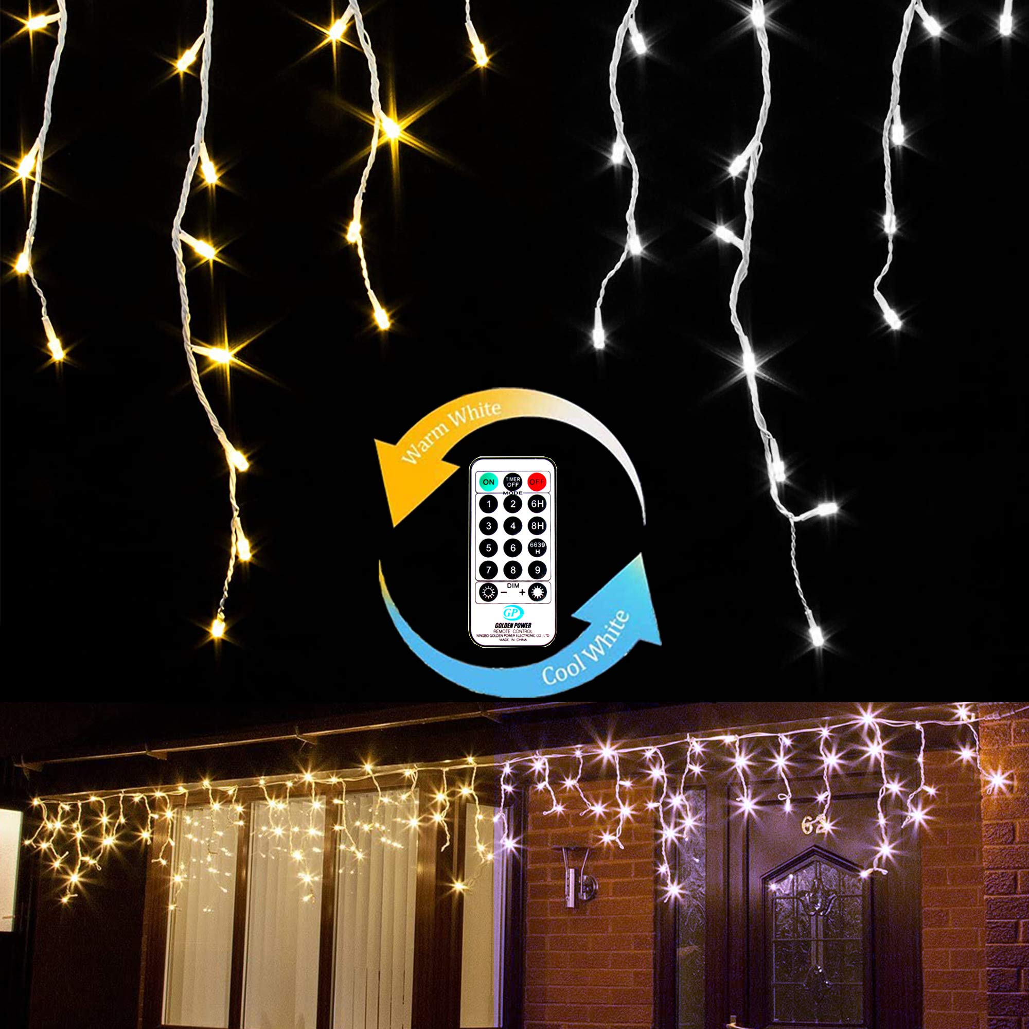 400 LED Icicle Christmas Lights - 32.8ft Outdoor String Lights with Remote Control, 9 Lighting Modes & 3 Timer Settings (Warm White/Cool White) - Perfect for Holiday Decorations, Garden Parties, and Outdoor Events