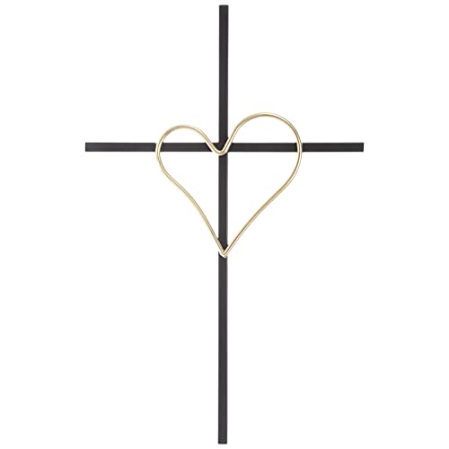 Black and Gold Heart Metal Wall Cross - Religious Home Decor for Bedroom, Living Room - 19 Inch Length - Perfect for Prayer Spaces, Church Gifts & Spiritual Decorations
