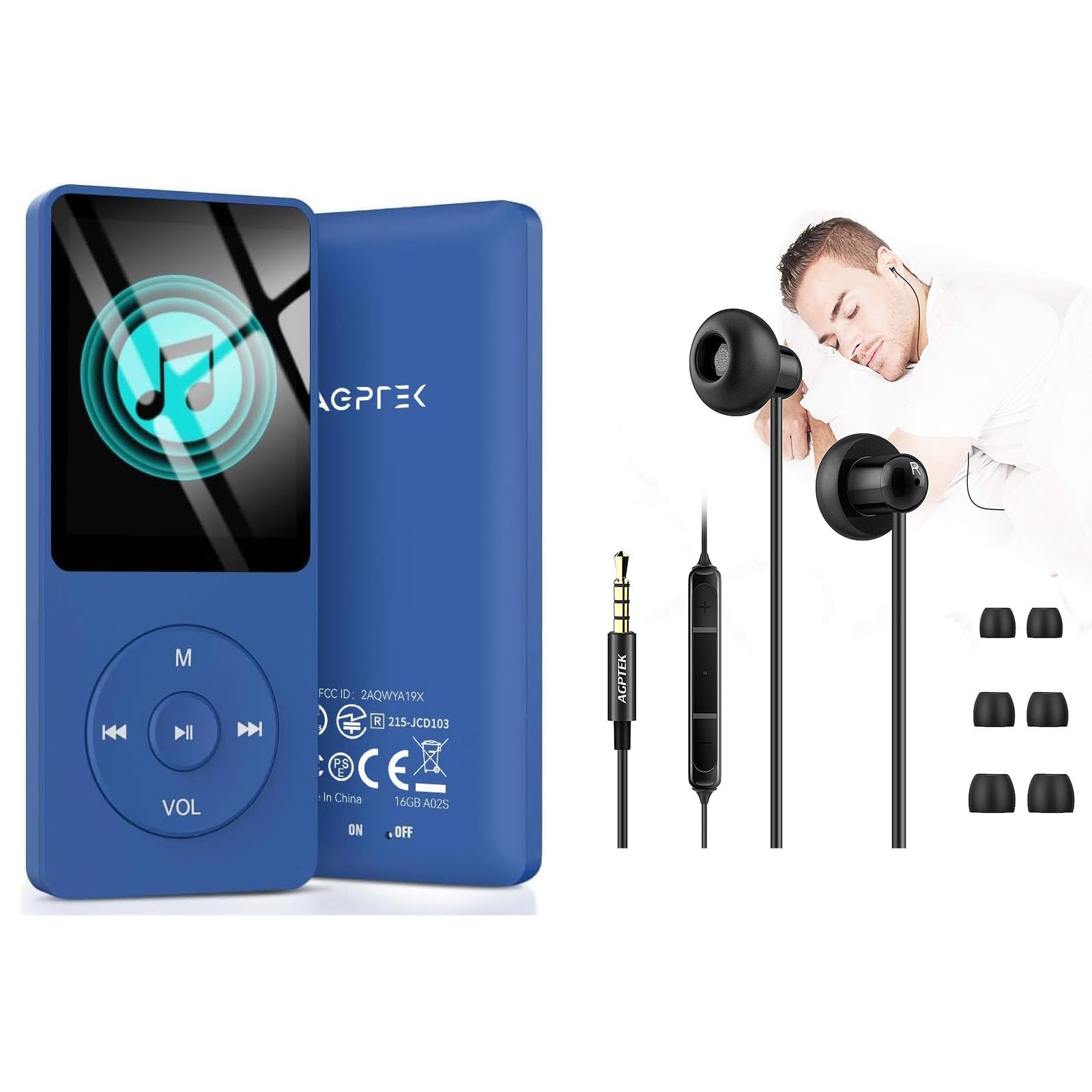 AGPTEK 16GB MP3 Player with Noise Cancelling Earbuds - Portable Music Player for Running, Workout, Travel & Sleep | High Quality Sound & Lightweight Design