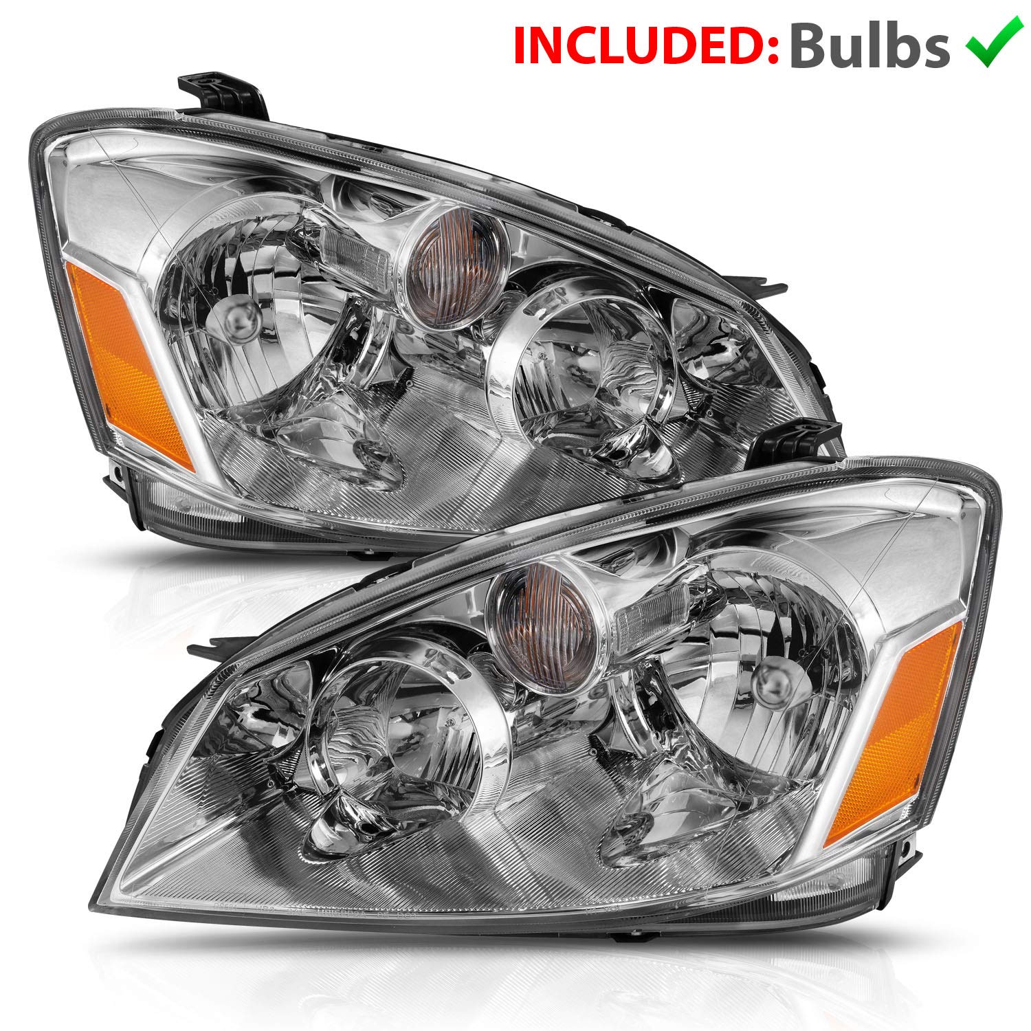AmeriLite Crystal Chrome Halogen Replacement Headlights Set for 2005-2006 Nissan Altima - Left & Right Side Headlamps - Improved Night Visibility & Style Upgrade