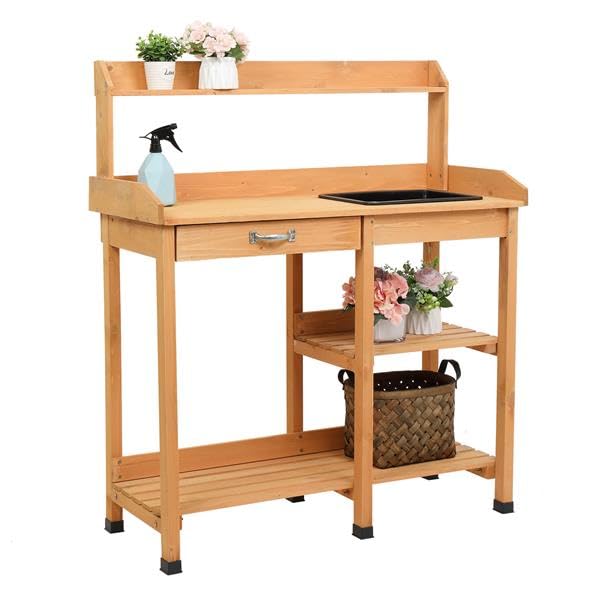 Heavy Duty Wooden Potting Bench with Storage Shelf - Outdoor Garden Planting Work Station, Moisture-Resistant Metal Flower Pot Holder & Planter Table for Gardening, Landscaping & DIY Projects