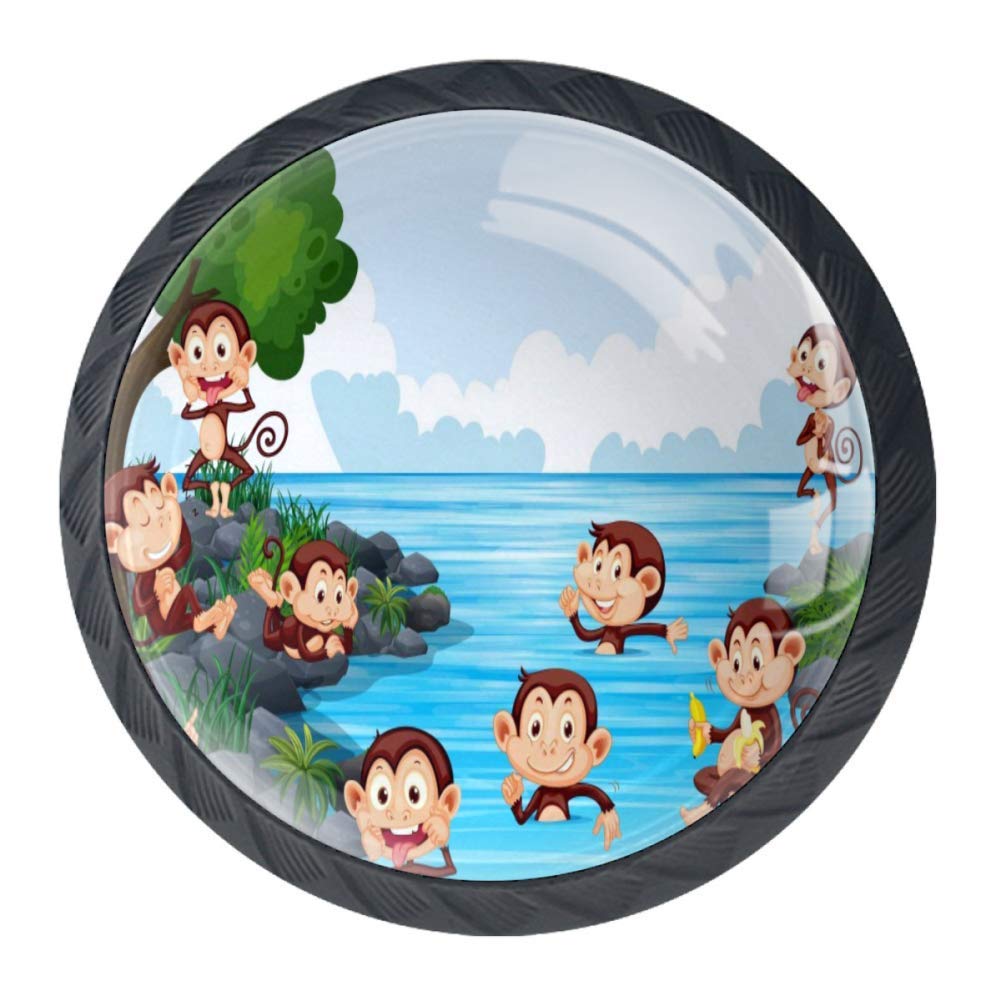 Idealiy Monkey Playing in Lake Cabinet Drawer Pulls - 4 Pack Dresser Knob Handles with Screws for Kitchen, Bathroom & Bedroom Furniture - Vintage Animal-Themed Drawer Pulls for Kids Room & Nursery Decor