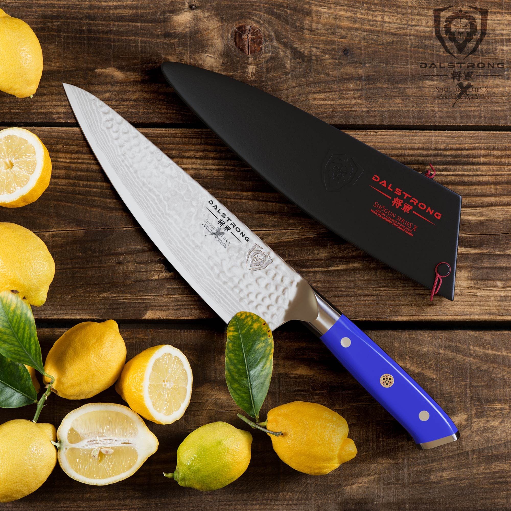 DALSTRONG 8-Inch Shogun Series Chef Knife - Japanese AUS-10V Super Steel Kitchen Knife with Damascus Blade & Blue ABS Handle - Razor Sharp Professional Full Tang Knife with Sheath - Perfect for Sushi, Meat Cutting, Vegetable Chopping & Professional Cooking