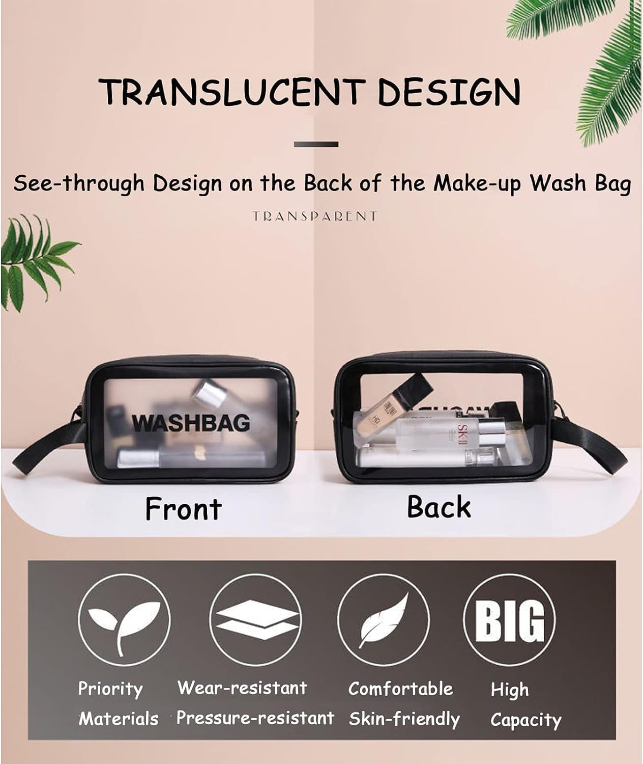 Waterproof Clear PVC Makeup Pouch - Travel Cosmetic Organizer Bag with Zipper for Women & Men | Portable Toiletry Bag for Makeup Brushes, Skincare, Shampoo | Perfect for Gym, Vacation & Daily Use (Pink/Black)