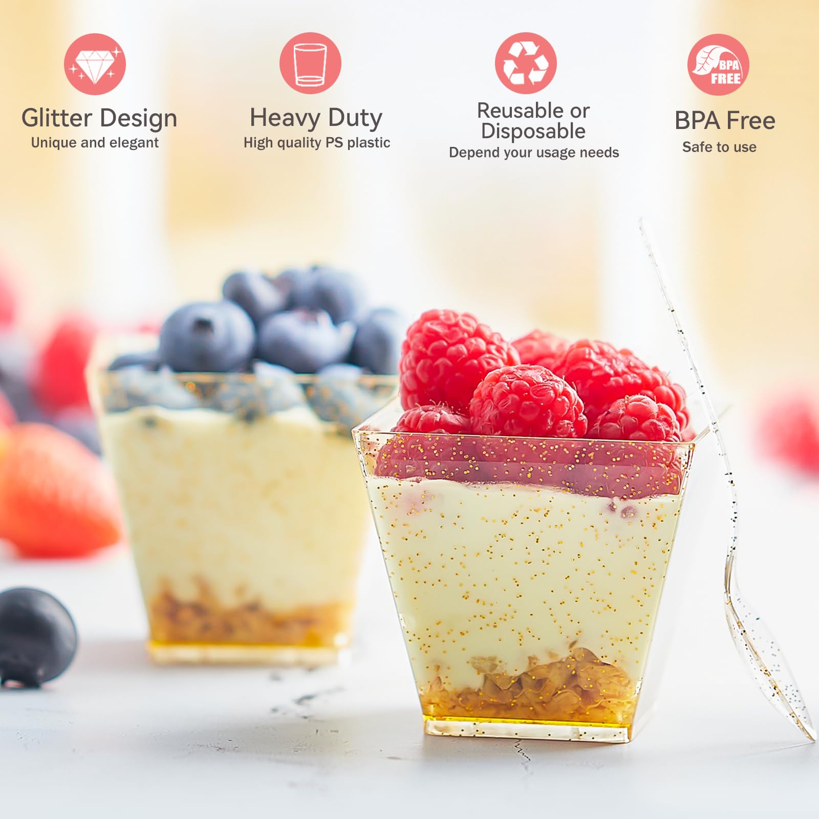3.5 oz Mini Gold Glitter Plastic Dessert Cups with Spoons - 50 Pack Small Parfait Shooter Cups for Party Appetizers, Banana Pudding, Jello, Ice Cream & Cocktail Serving - Elegant Wedding & Birthday Party Decorations