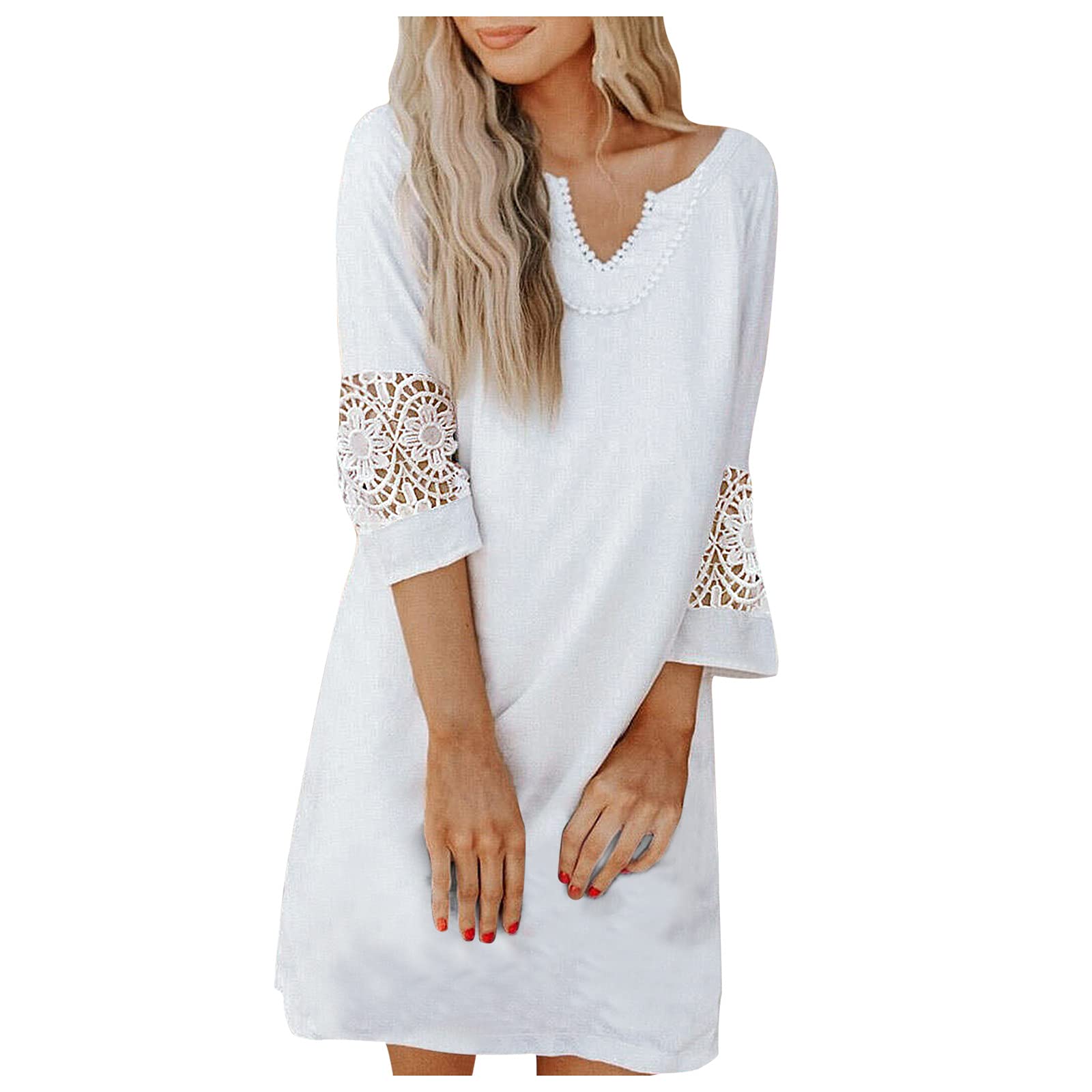 Women's V-Neck Lace 3/4 Sleeve Pure Color Dress - Elegant Work & Summer Beach Dress (White) | Perfect for Office Wear, Vacation & Casual Outings