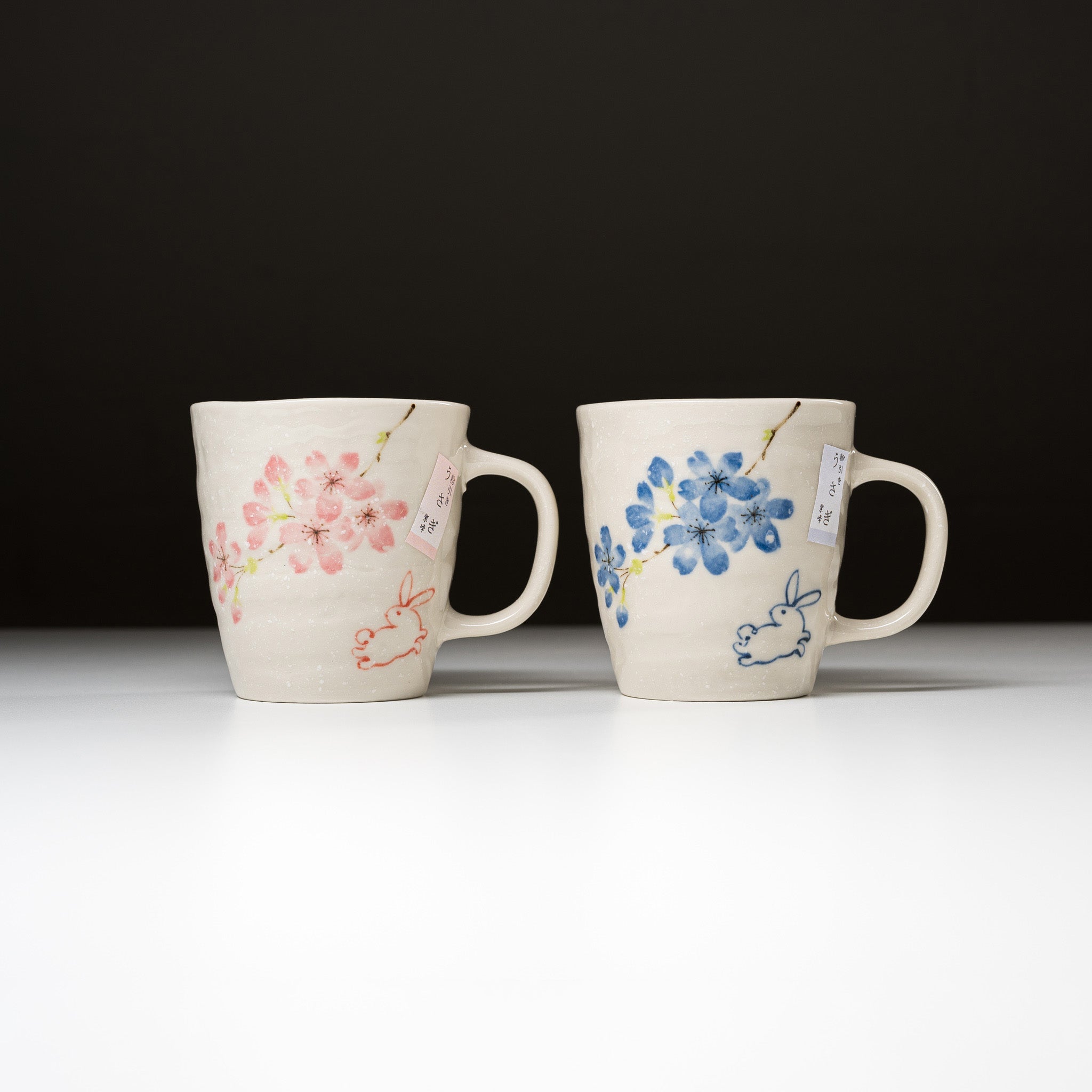 Rabbit and Sakura Pair Mug Cup Set of 2 - Ceramic Coffee Mugs with Cute Animal Design for Tea, Hot Drinks - Perfect for Couples, Valentine's Day Gifts & Japanese Tea Ceremony