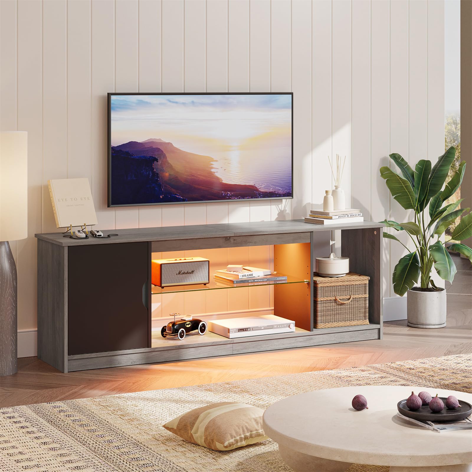 Bestier 57 Inch LED TV Stand for 55/60/65 Inch TVs - Modern Entertainment Center with Storage Cabinet for PS5, Xbox & Media Devices - Adjustable Glass Shelves - Grey Wash Finish - Perfect for Living Room & Bedroom Gaming Setup