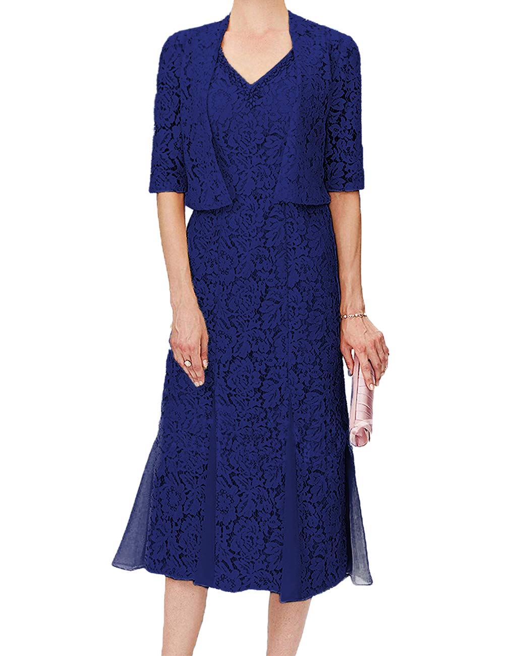 Elegant Tea Length Mother of The Bride Dress with Lace Detail - Formal Evening Gown with Half Sleeves & V-Neck Jacket - Perfect for Weddings, Receptions & Special Occasions