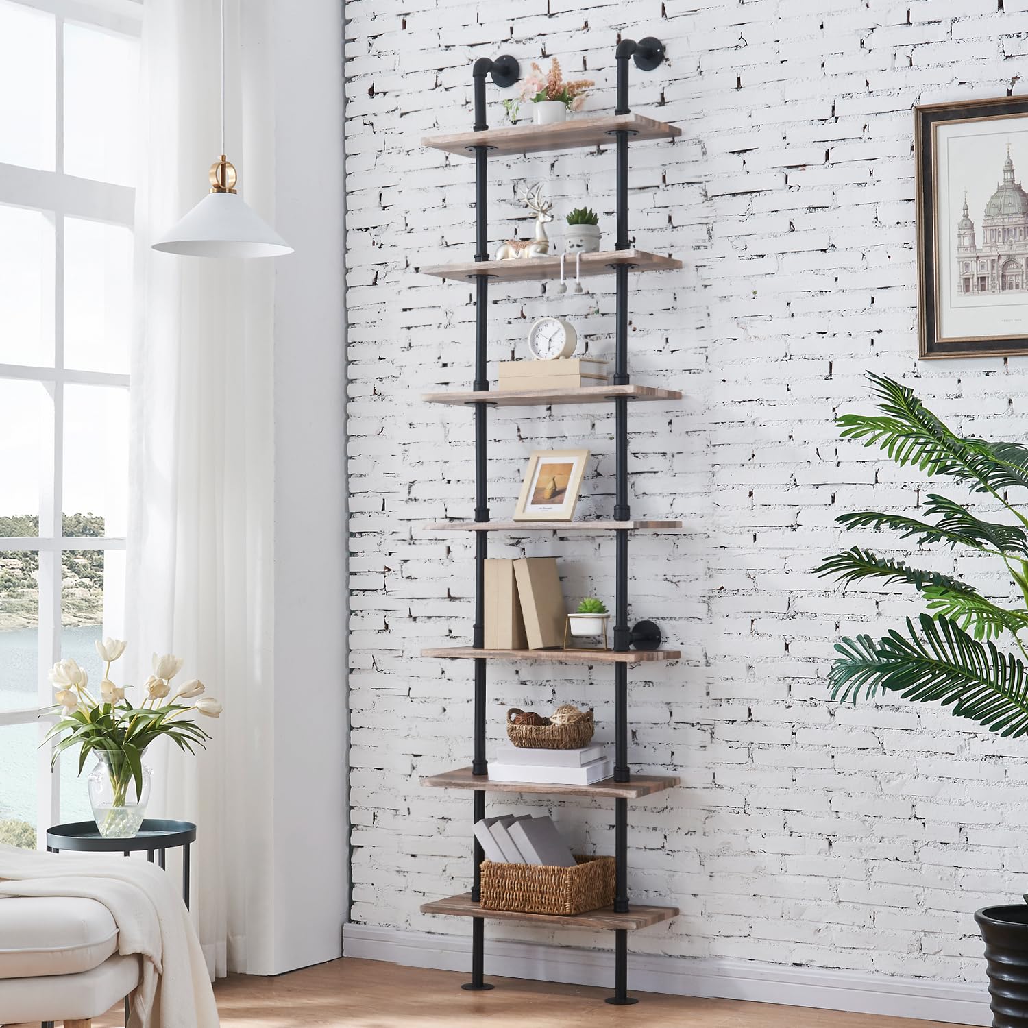 HOMBAZAAR 7-Tier Industrial Pipe Bookshelf - Wall Mounted Ladder Shelf with Sturdy Metal Frame for Home Office & Living Room - Rustic Oak Brown - Perfect for Small Spaces, Book Storage & Home Decor