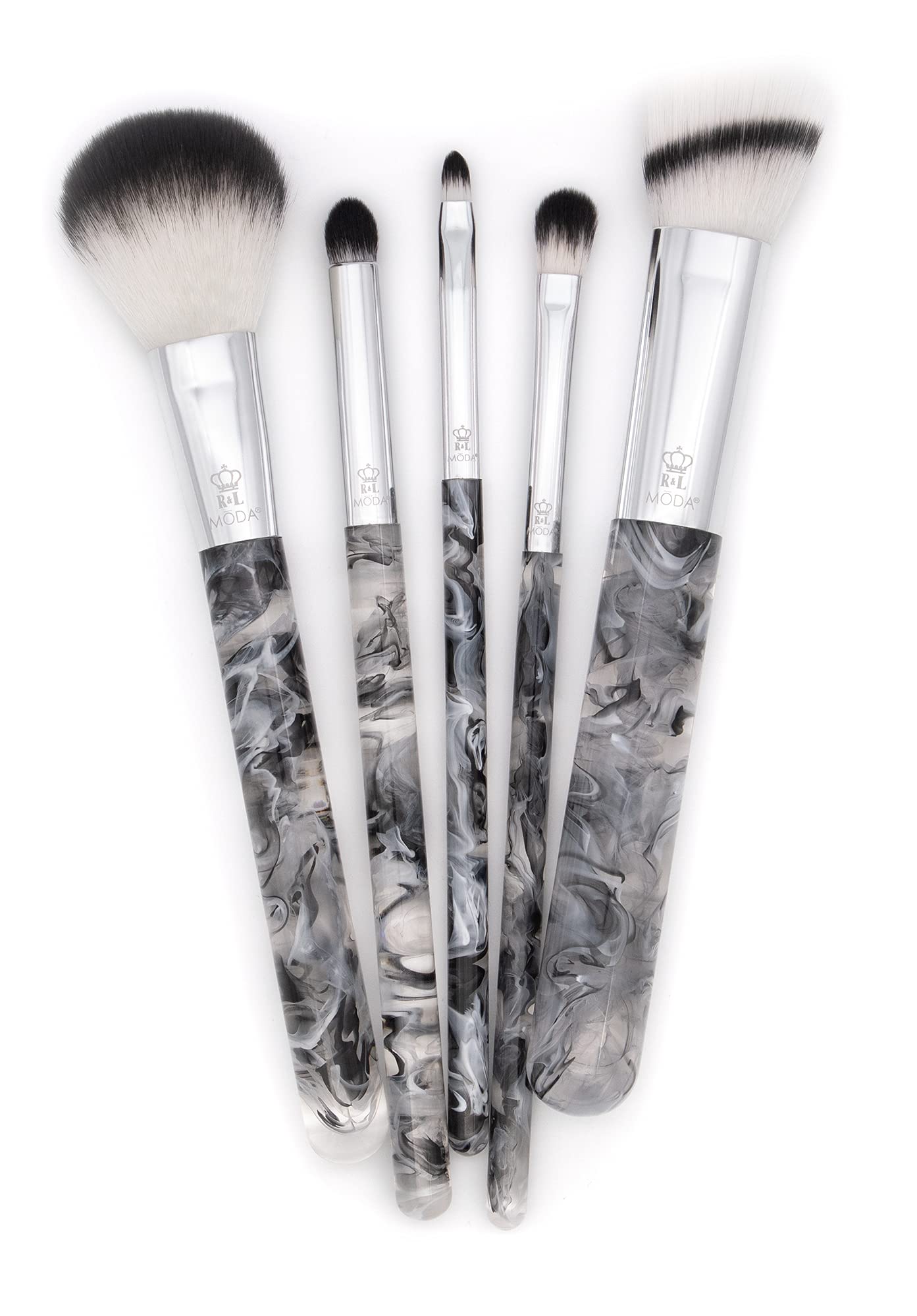 MODA Smoke Show 5-Piece Full Face Makeup Brush Set - Powder, Blender, Shader, Smoky Eye & Lip Brushes (Black) | Professional Cosmetic Brush Kit for Contouring, Blending & Makeup Application
