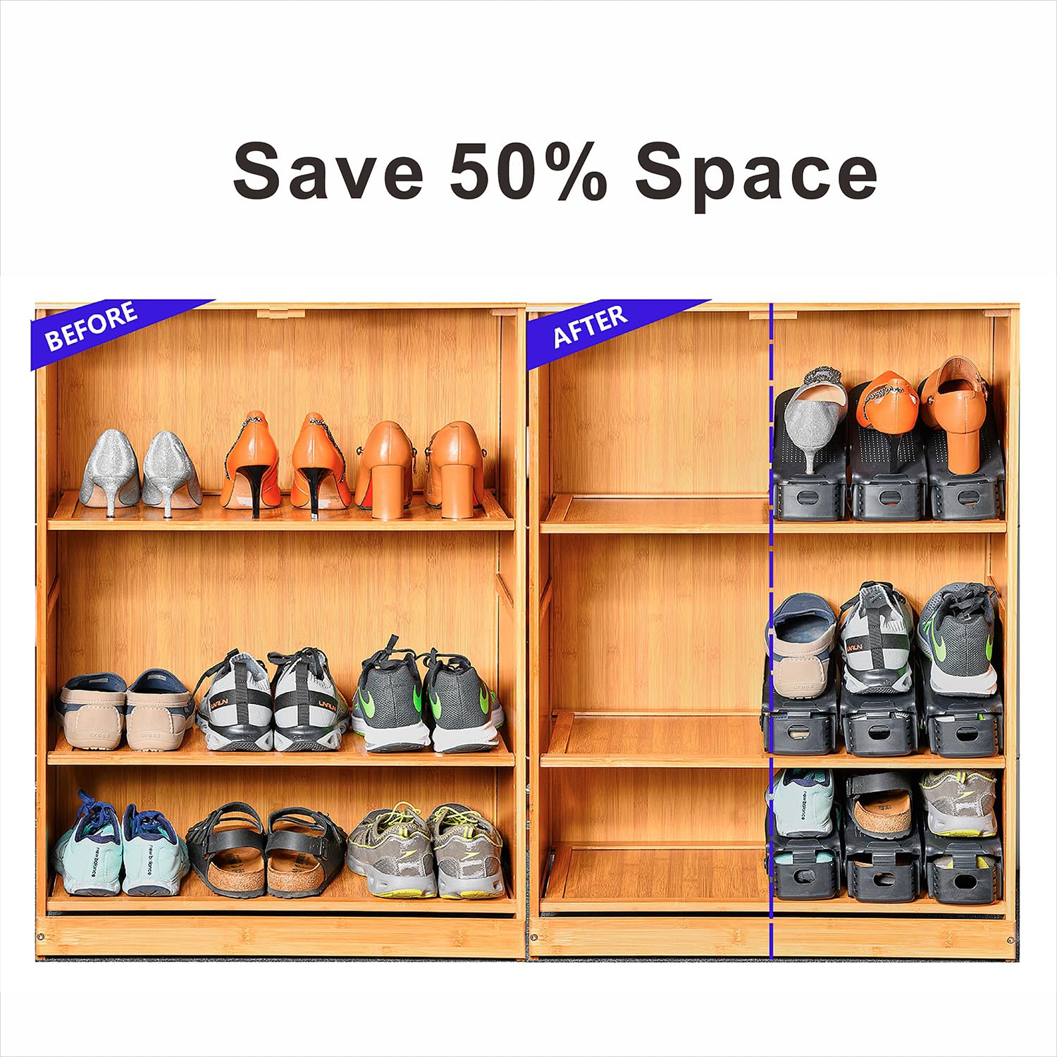 24PCS Adjustable Double Layer Shoe Rack Organizer - Space Saving Shoe Storage for Closet, Entryway & Under Bed - Black Stackable Shoe Holder for Sneakers, Heels & Boots