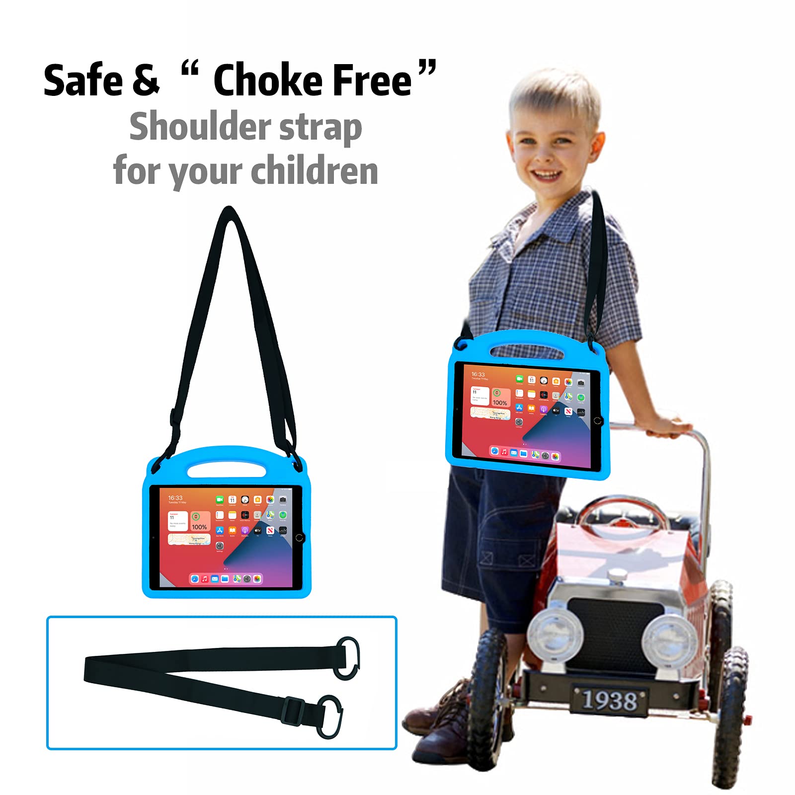 Shockproof Kids iPad Case for iPad 9th/8th/7th Gen (2021/2020/2019) 10.2 inch, iPad Air 3 & iPad Pro 10.5 inch - Lightweight Protective Cover with Adjustable Shoulder Strap (Blue) | Perfect for School, Travel & Outdoor Activities