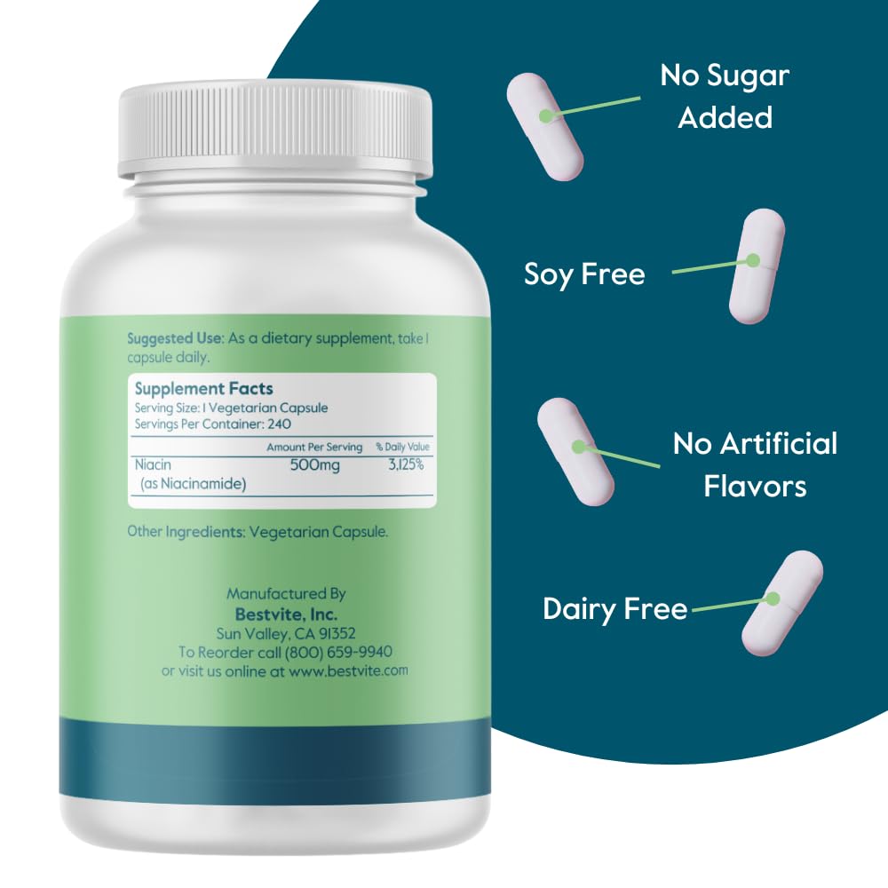 BESTVITE Niacinamide 500mg Supplement (240 Vegetarian Capsules) - Vegan, Gluten Free, Non-GMO, No Stearates - Supports Skin Health & Metabolism - Perfect for Daily Wellness Routine