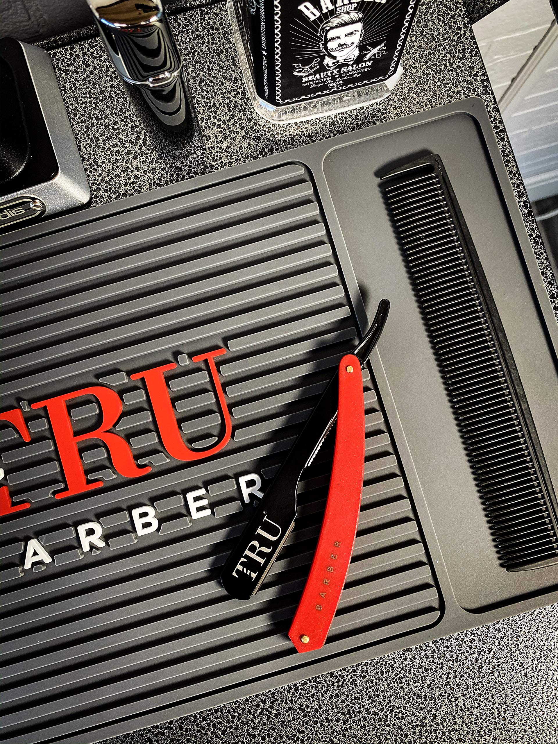 TRU BARBER Professional Straight Razor with 1.5mm Blade - Durable Single Edge Barber Razor for Shaving & Grooming (Black/Red) - Perfect for Beard Trimming, Hairline Shaping & Professional Barber Use