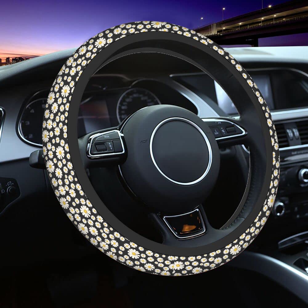 Swono Daisy Flower Steering Wheel Cover - Non-Slip Neoprene Car Wrap (15 Inch) | White & Black Ditsy Floral Design for Comfort Grip | Perfect for Summer Road Trips & Daily Commutes