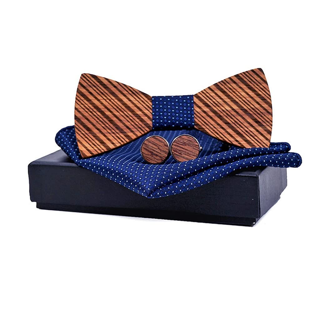 Elegant Striped Wood Bow Tie Set for Men - Wedding Party Accessories with Hanky & Cufflinks (12x4.7cm) - Perfect for Grooms, Bridesmaids Gifts & Formal Events