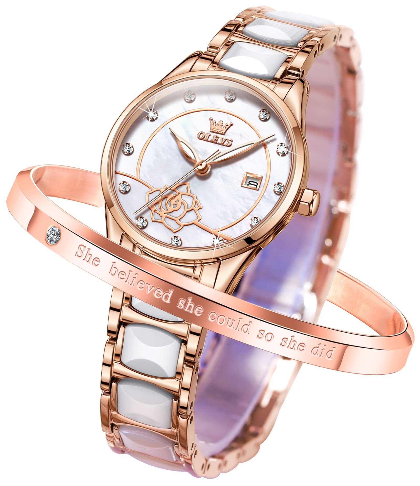 OLEVS Women's Rose Gold Ceramic Watch - Elegant Quartz Stainless Steel Waterproof Ladies Wristwatch with Luminous Hands | Perfect for Office, Party & Everyday Wear