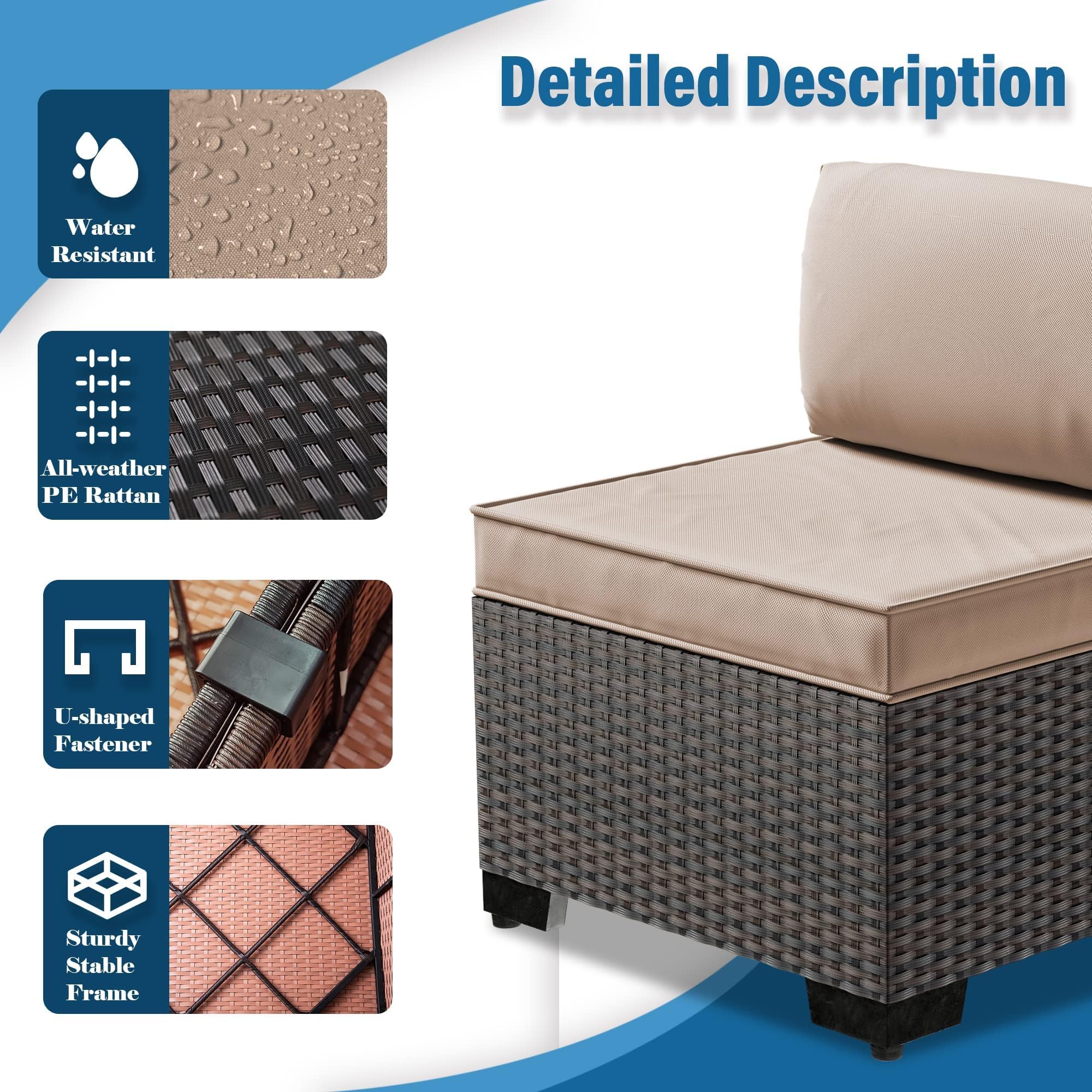 Gotland 7-Piece All-Weather Outdoor Patio Furniture Set - PE Wicker Sectional Sofa with Coffee Table & 6 Thickened Cushions (Khaki) - Perfect for Backyard, Deck, Poolside & Garden Relaxation