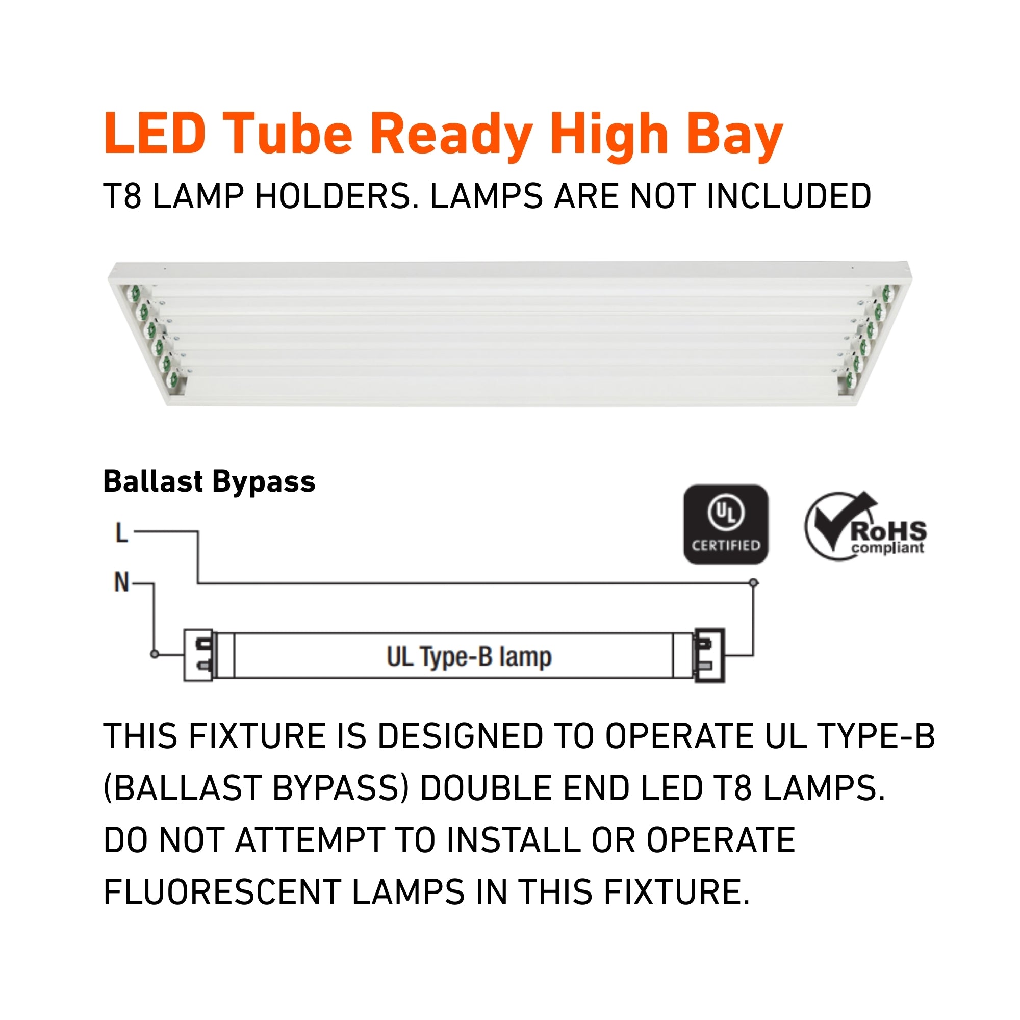 4ft LED High Bay Light Fixture - Ballast Free, 4 Lamp T8 Type B - Energy Efficient Commercial Lighting for Warehouses, Garages & Retail Spaces