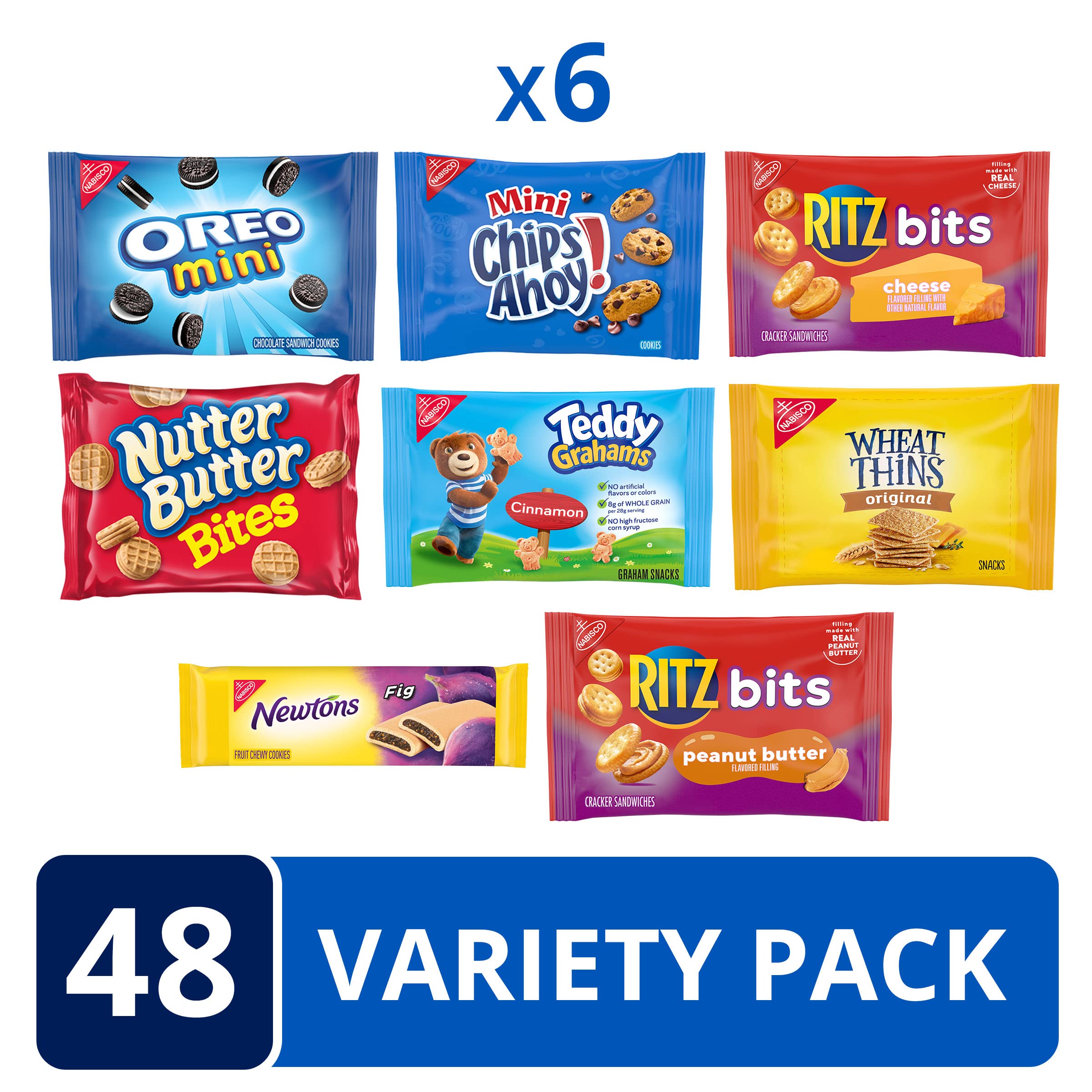 OREO Mini Cookies, CHIPS AHOY! Mini Cookies, Nutter Butter Bites, RITZ Bits Cheese Crackers, RITZ Bits Peanut Butter, Teddy Grahams Cinnamon Snacks, Wheat Thins, Fig Newtons - 48-Pack Variety Snack Box | Perfect for Office Snacks, School Lunches, Parties & Road Trips