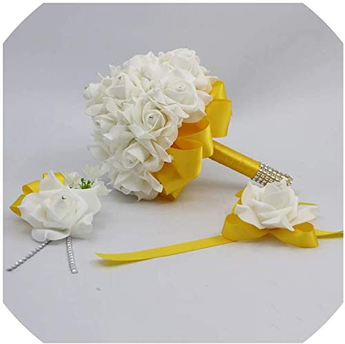 BUYT Handmade Romantic Bridal Wedding Bouquets Set - 3 Pcs Artificial Flowers for Bridesmaids, Boutonnieres & Wrist Corsages (Gold) - Perfect for Weddings, Bridal Showers & Anniversary Celebrations