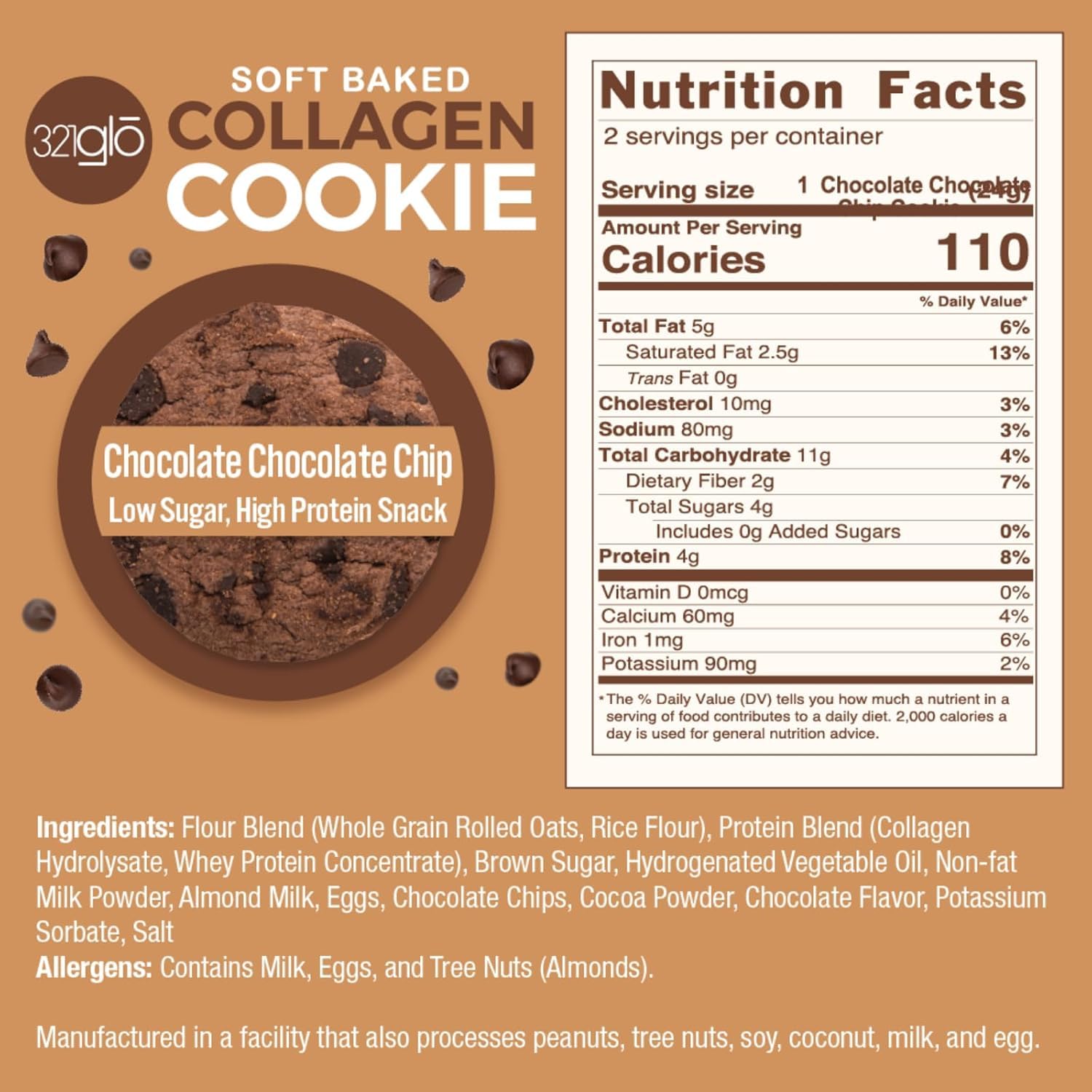 321glo Collagen Cookies - Soft Baked High Protein Low Carb Keto Snacks for Women, Men & Kids | 12 Pack Chocolate Chocolate Chip | Perfect for On-the-Go, Post-Workout & Healthy Dessert