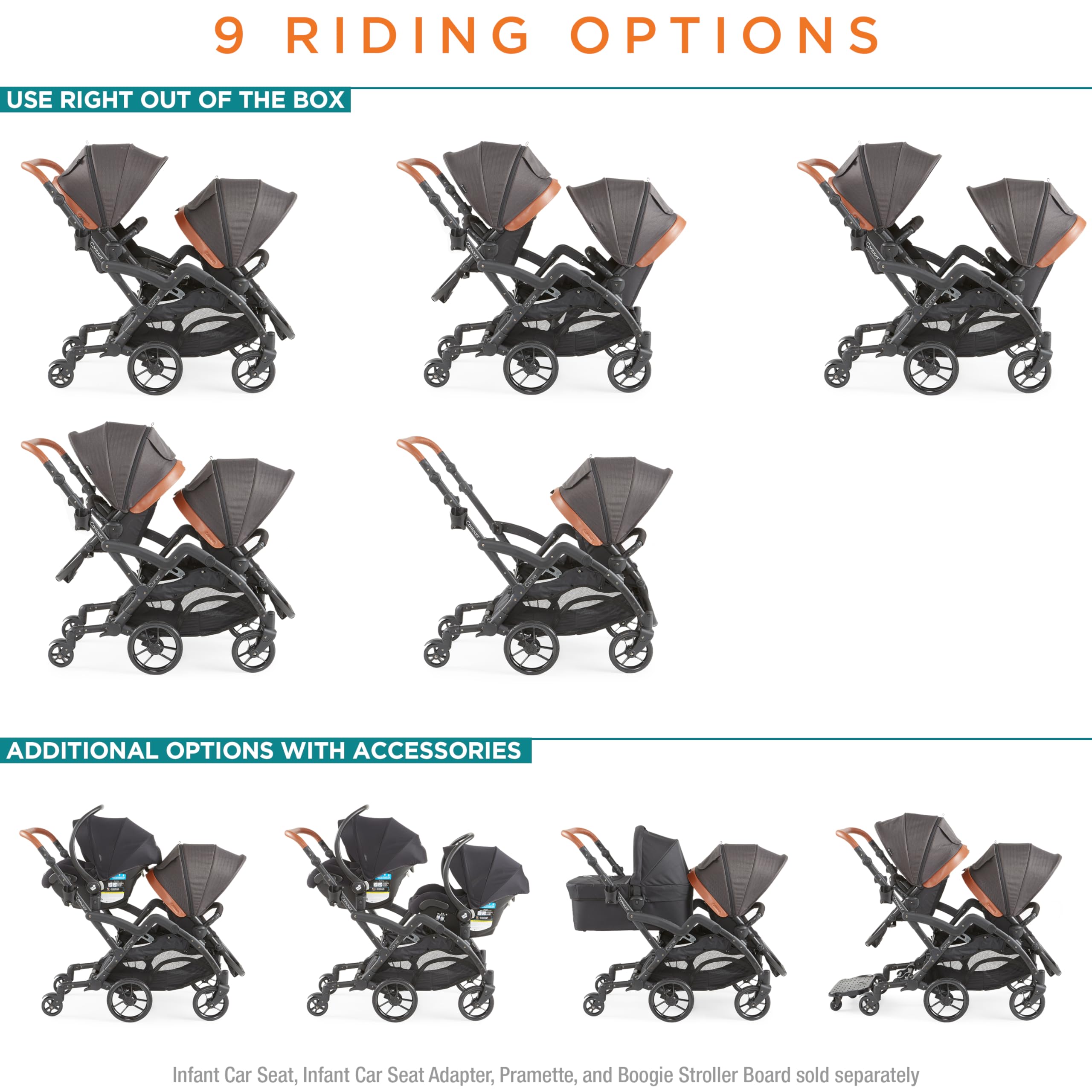 Contours Curve V2 Convertible Modular Tandem Double Stroller for Baby & Toddler - Reversible Seats, 360° Swivel Wheels, Car Seat Compatible | Easy Fold Design for Compact Storage | Perfect for Twins, Siblings or Daycare Use | Durable Black Frame for Urban & Suburban Adventures