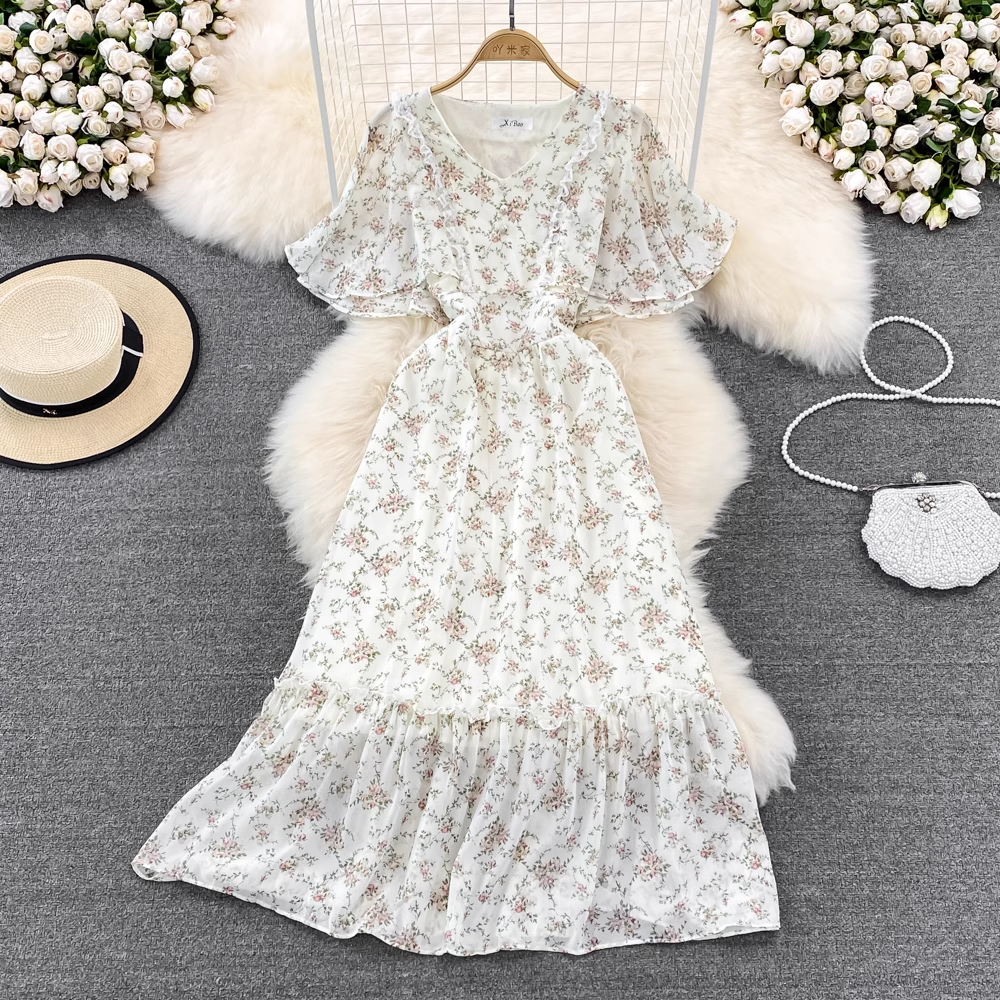 Elegant Fairy High Waist V-Neck Ruffled Chiffon Floral Maxi Dress for Women - Perfect for Summer Weddings, Garden Parties & Romantic Dates