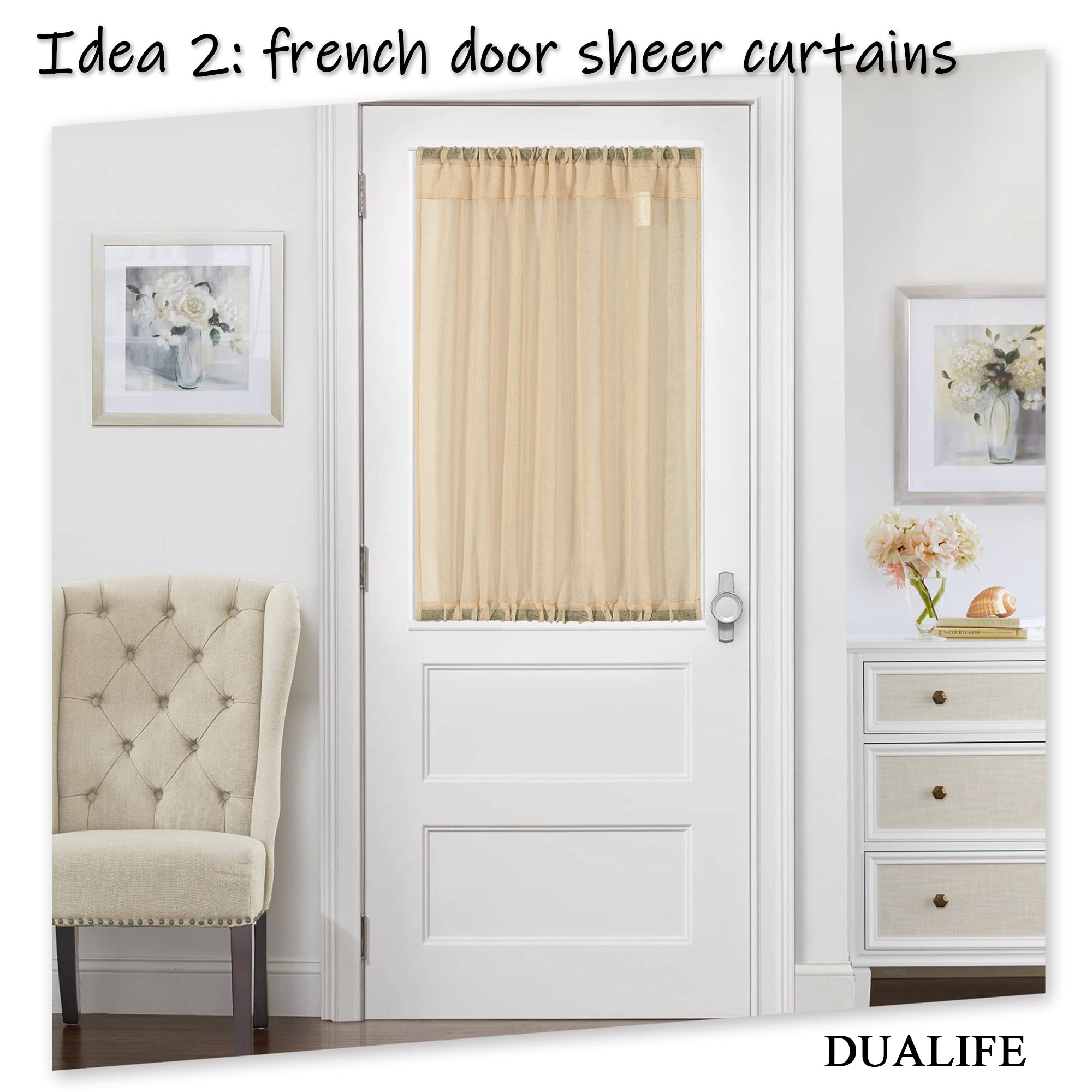 Dualife Taupe Sheer Curtains 36 Inch Length - 2 Panels Rod Pocket Semi-Sheer Kitchen Curtains, Light Brown Faux Linen Window Treatment for Privacy & Sun Filtering (34x36 Inches) - Perfect for Kitchens, Bathrooms & Small Windows