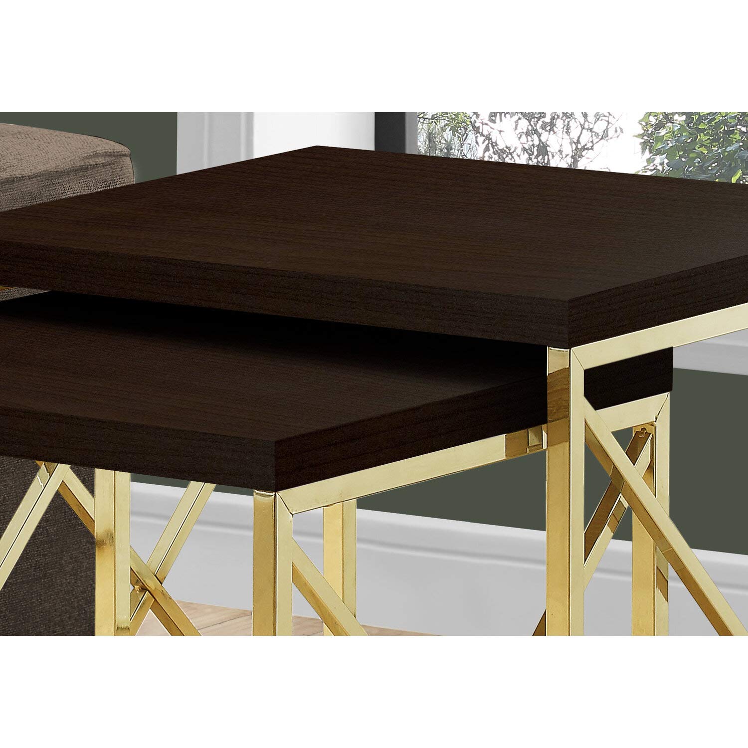 Monarch Specialties 2-Piece Cappuccino Brown Nesting Coffee Tables with Gold Metal Frame - Perfect for Living Room, Bedroom, or Office Decor