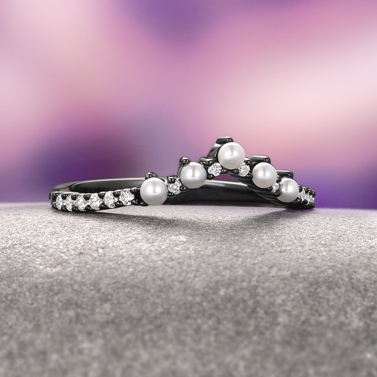 Briar Natural Red Garnet & Pearl Ring Set in Black Ruthenium - Elegant Jewelry for Women, Perfect for Weddings, Parties & Special Occasions