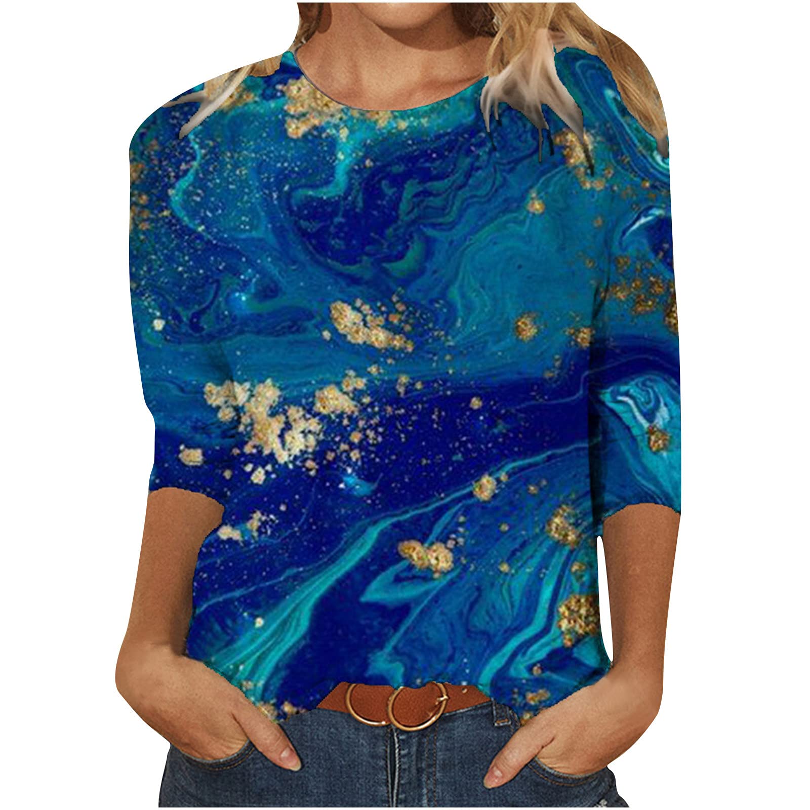 Women's Summer 3/4 Sleeve Tunic Tops - Plus Size Casual Loose O-Neck Printed Tee Shirts & Blouses for Outdoor, Office & Vacation Wear