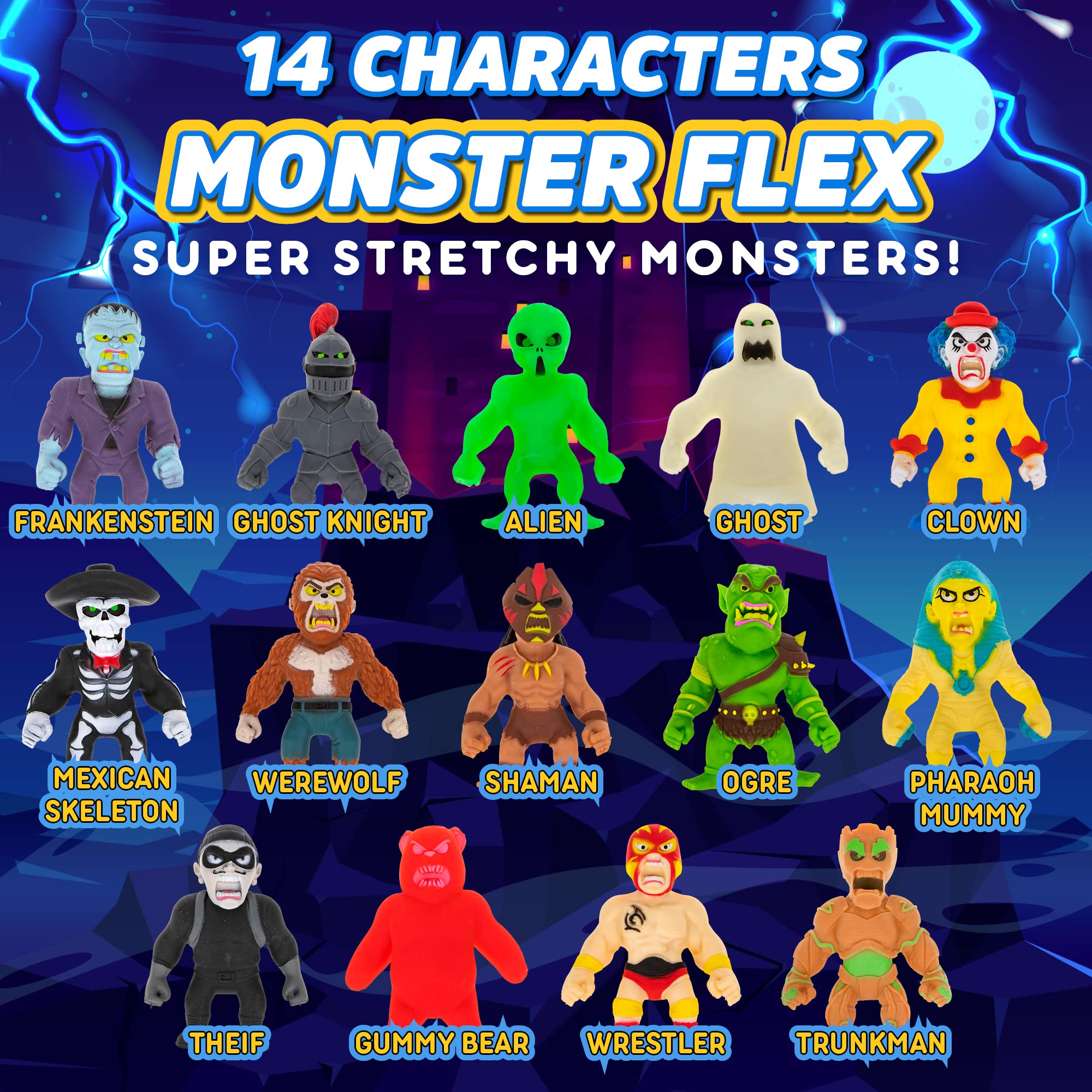 Monster Flex Stretchy Toys for Kids - 14 Unique Spooky Stretch Monsters Sensory Fidget Stress Relief Toys | Birthday Party Favors, Classroom Rewards & ADHD Anxiety Relief | Series 3 Ghost Knight Collectible