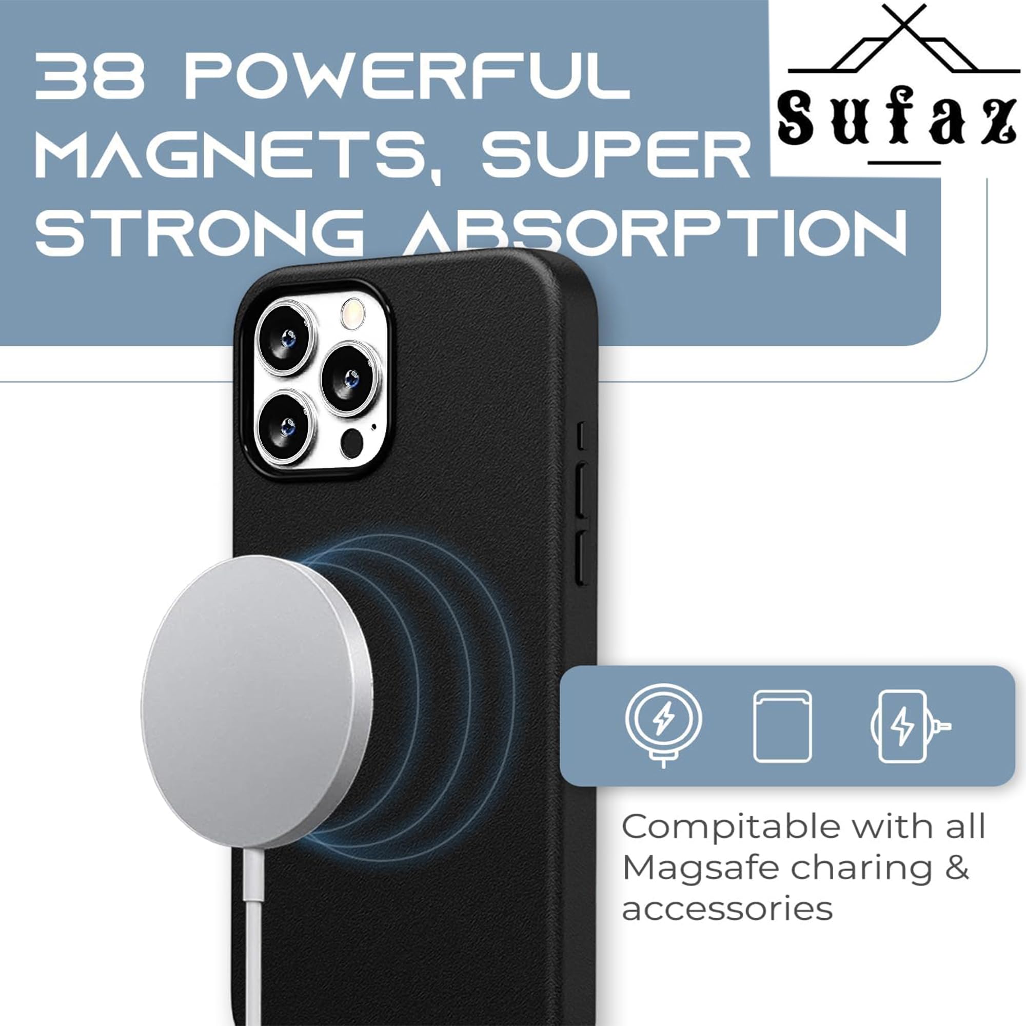 Premium Genuine Leather Case for Apple iPhone 15 Pro Max - Magnetic Charging Support, Shockproof Slim Design with Strong Built-in Magnets & Scratch-Resistant Microfiber Lining (Black) - Perfect for Daily Use, Travel & Business Professionals