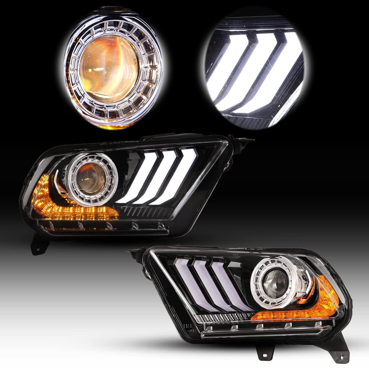 ROXX LED Sequential Headlights for 2010-2012 Ford Mustang (Halogen Models Only) - High/Low Beam Projector Headlights with S550 Style LED DRL & Amber Sequential Turn Signals - Driver & Passenger Side - Perfect for Night Driving & Car Customization