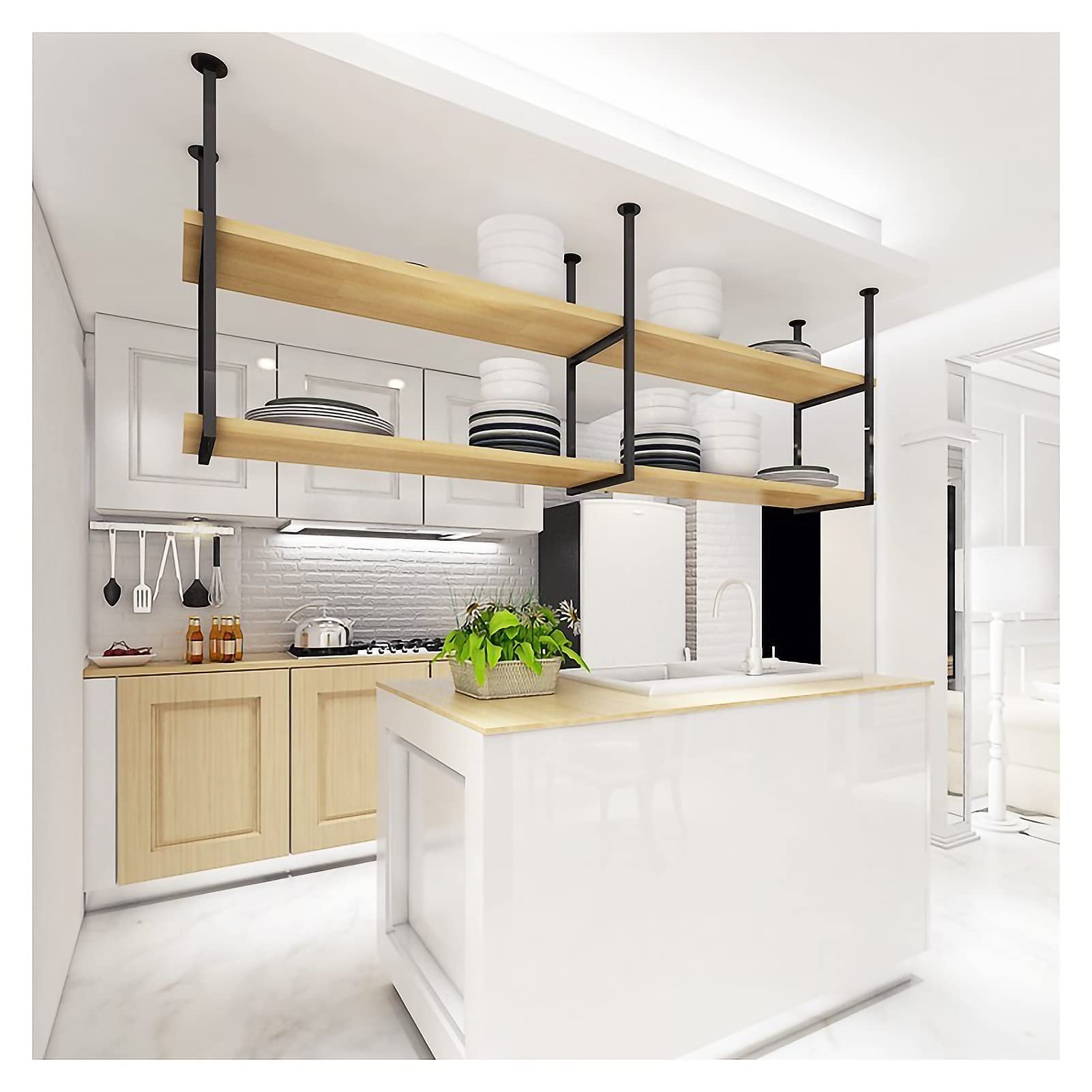 **2-Tier Industrial Ceiling Mount Shelf - Rustic Black Wood Floating Shelves for Garage Storage & Home Display | Wall-Mounted Organizer for Tools, Books & Decor**
