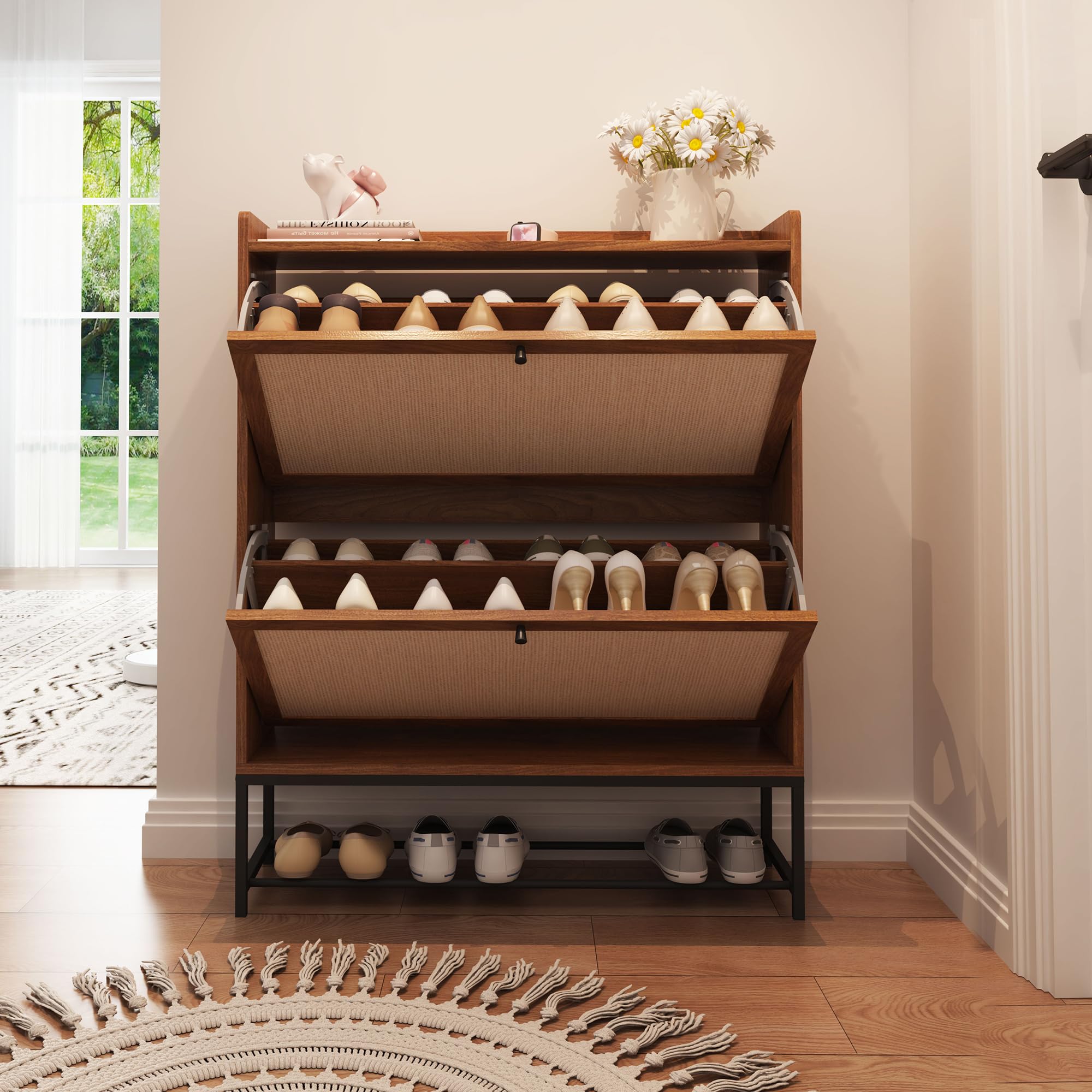 Narrow Shoe Storage Cabinet with 2 Flip Drawers - Freestanding Slim Shoe Organizer | Wooden Closed Shoe Rack for Entryway, Hallway & Living Room | Walnut Finish | Perfect for Small Spaces & Apartment Organization
