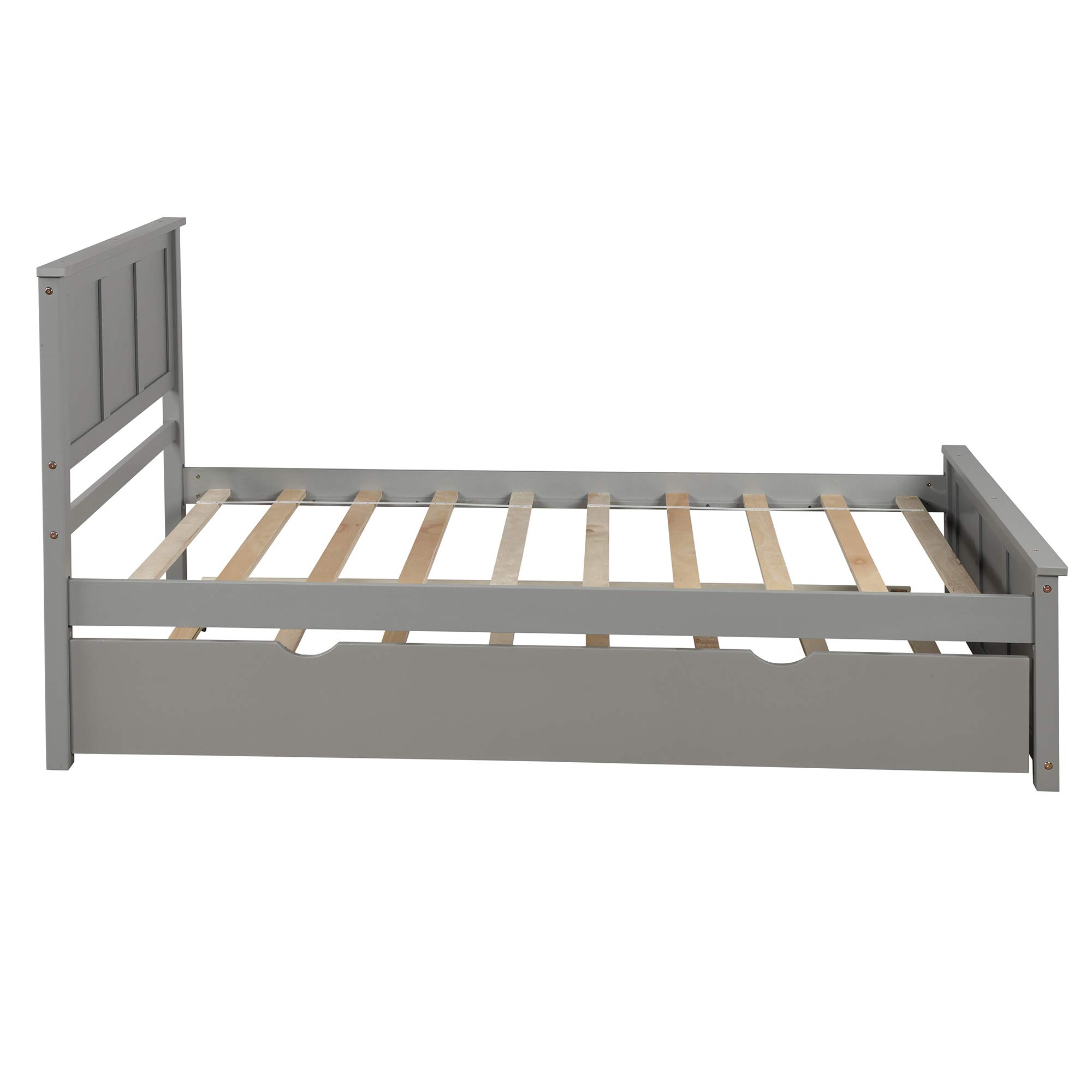 Twin Platform Bed with Trundle, Wood Slat Support - No Box Spring Needed (Gray) for Small Spaces & Guest Rooms