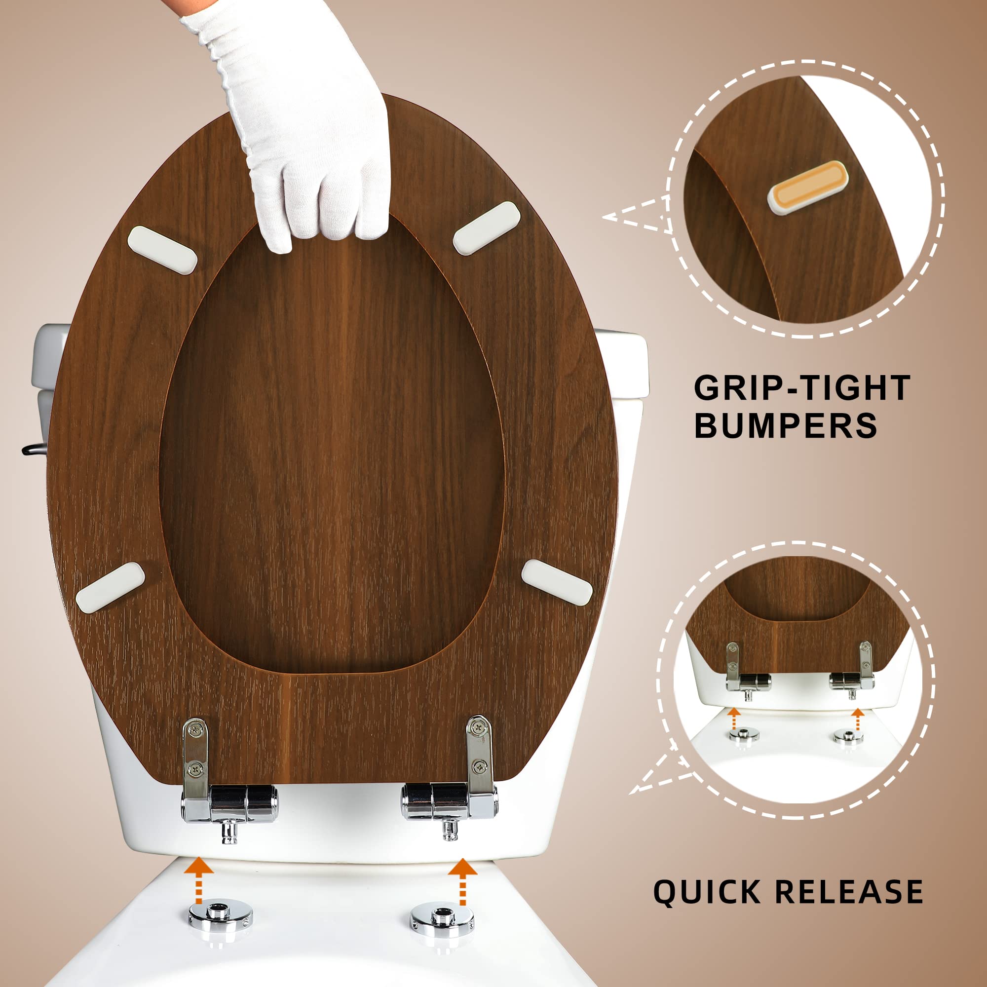 Angol Shiold Elongated Wood Toilet Seat with Soft-Close Hinges - Easy Install & Clean, Quick Release (Walnut Finish) - Perfect for Modern Bathrooms & Home Renovations