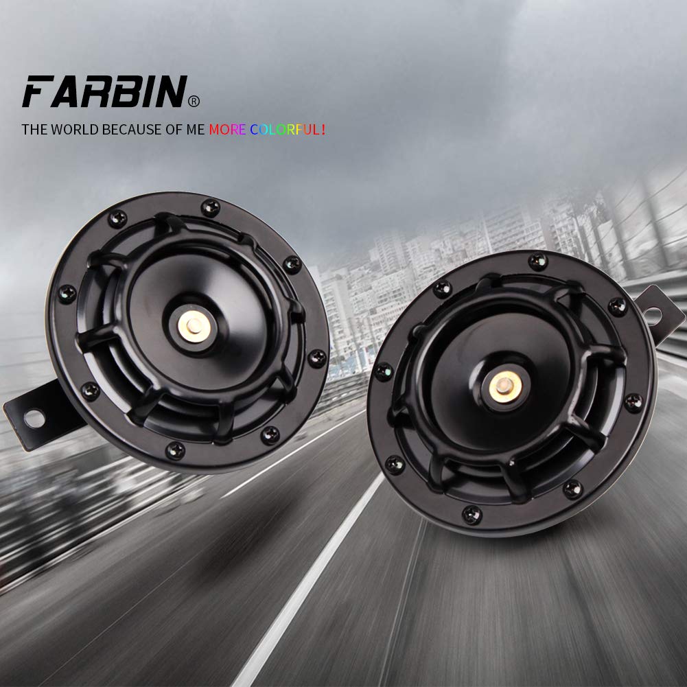 FARBIN Waterproof Car Horn Kit - Loud Super Tone High & Low Metal Twin Horns with Protective Grill, Harness & Bracket (Black) - Perfect for Trucks, SUVs & Off-Road Vehicles