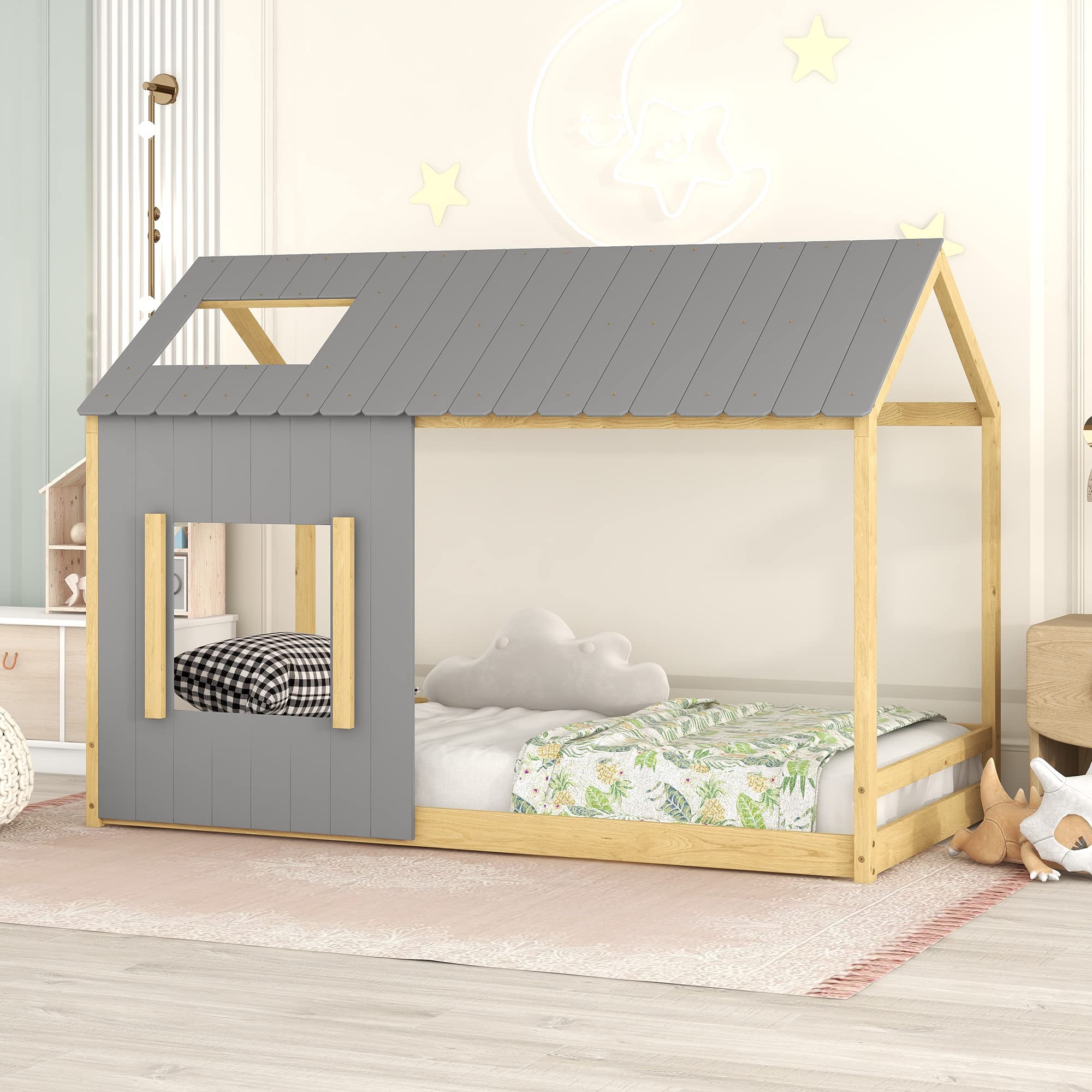 Montessori Twin House Bed for Kids - Wooden Floor Bed with Roof & Window, Playhouse Bed Frame for Girls & Boys, No Box Spring Needed (Gray+Natural) - Perfect for Bedroom, Playroom & Montessori Learning Spaces