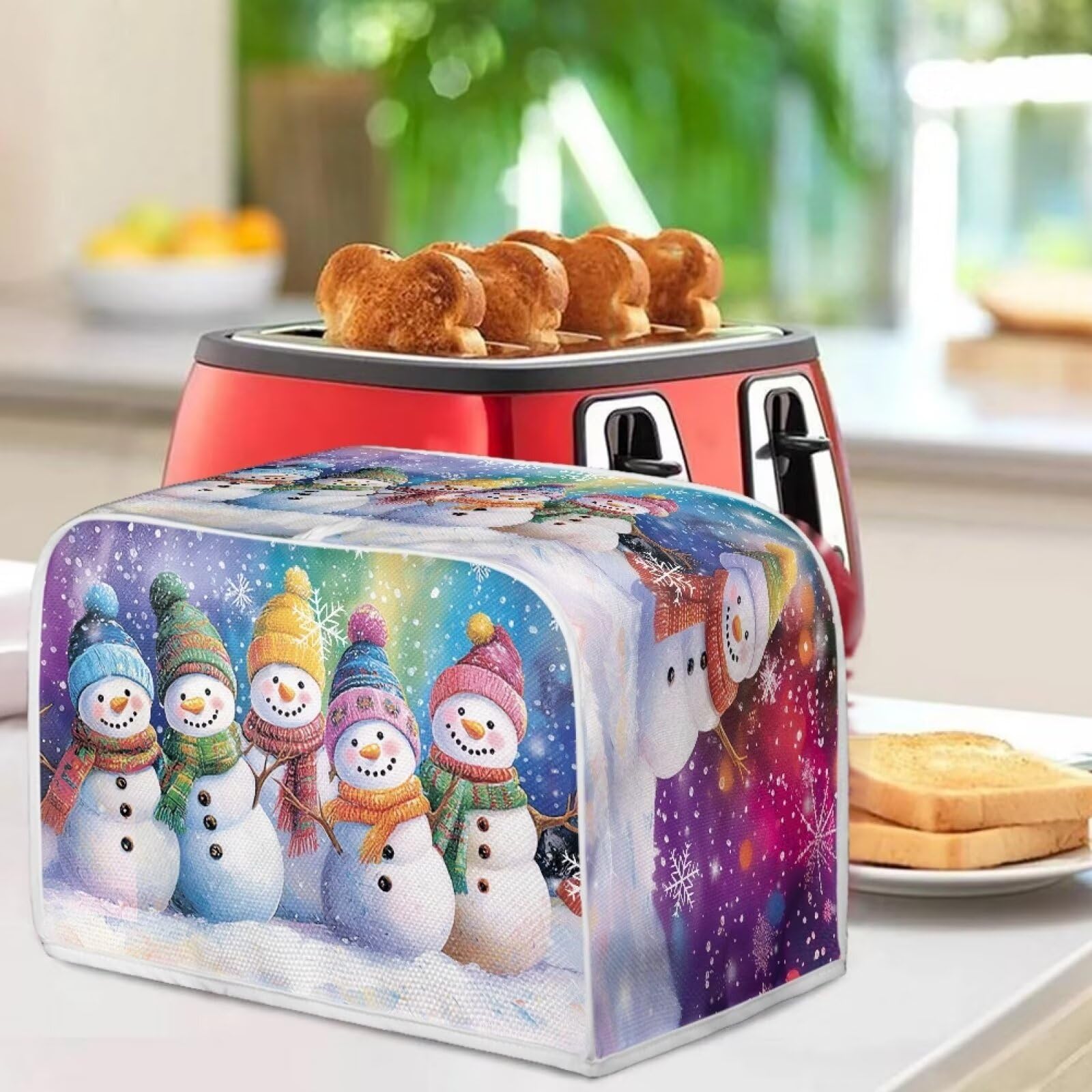Snowman Print 4-Slice Toaster Cover - Washable Kitchen Accessory, Oven & Bread Maker Protector, Dust & Fingerprint Proof - Festive Purple Kitchen Decor for Christmas & Winter Home Decoration