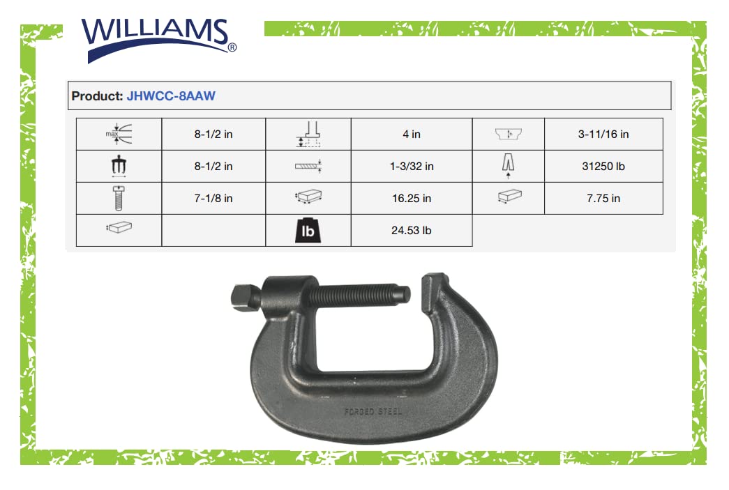 Williams CC-8AAW 8.5-Inch Heavy Duty C Clamp with Swivel Pads - Industrial Strength Metal Clamping Tool for Woodworking, Welding, and DIY Projects