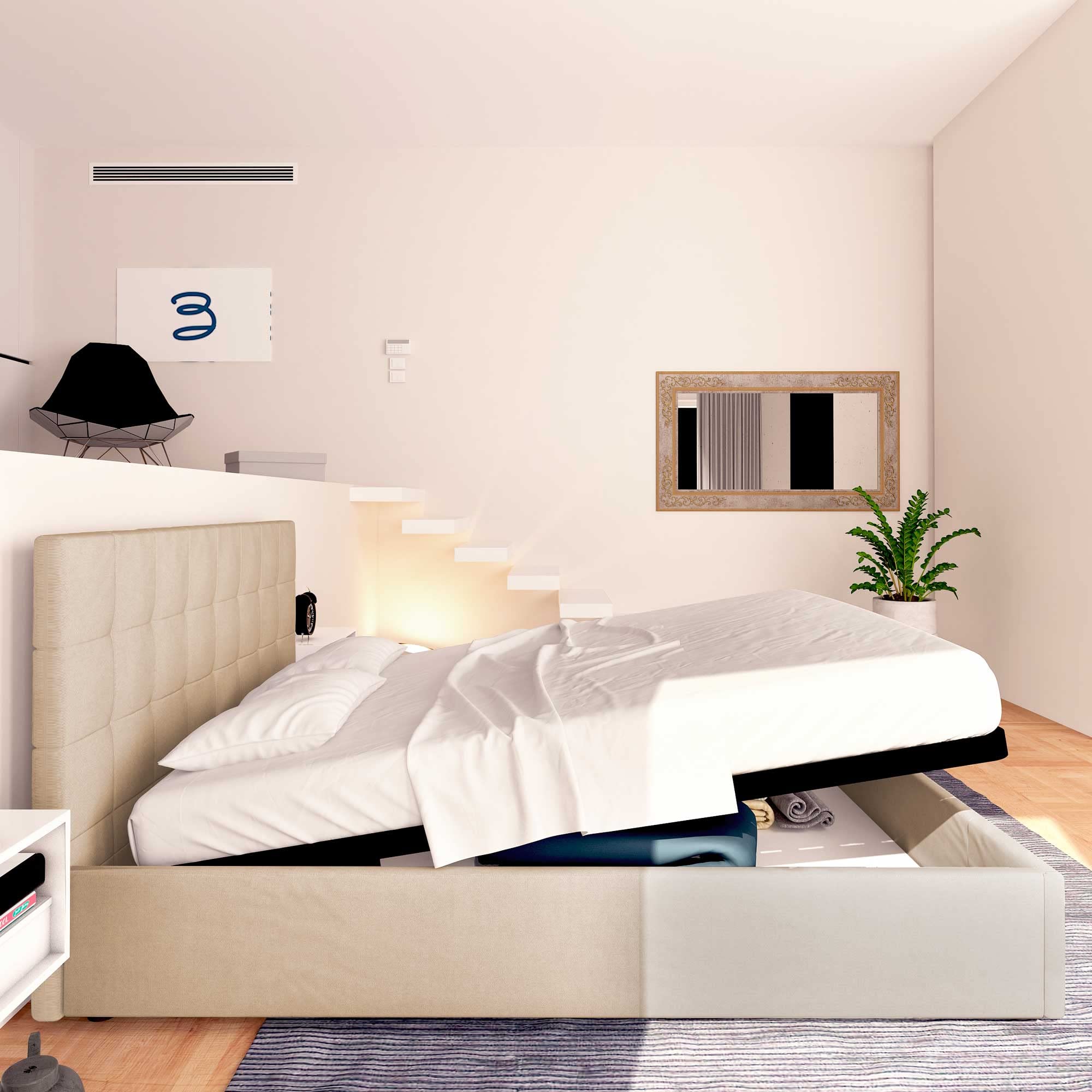 Baldiflex Single Bed with Storage, Dublin Fabric Model, Slatted Base for Single Mattresses, 80 x 190 cm, Elegant Headboard, Taupe Color - Perfect for Small Bedrooms, Guest Rooms & Studio Apartments