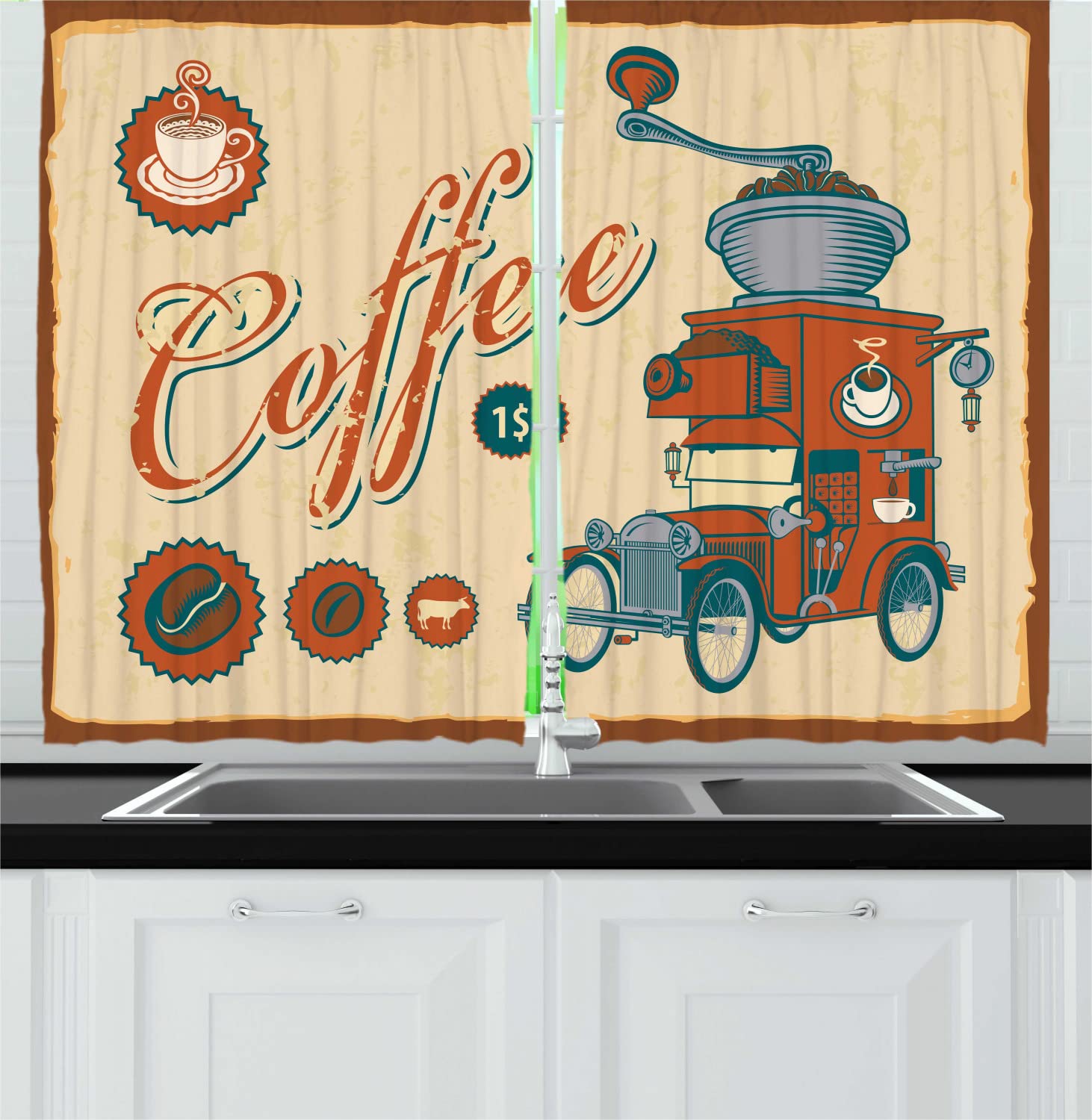 Ambesonne Vintage Truck & Coffee Grinder Retro Kitchen Curtains - 55