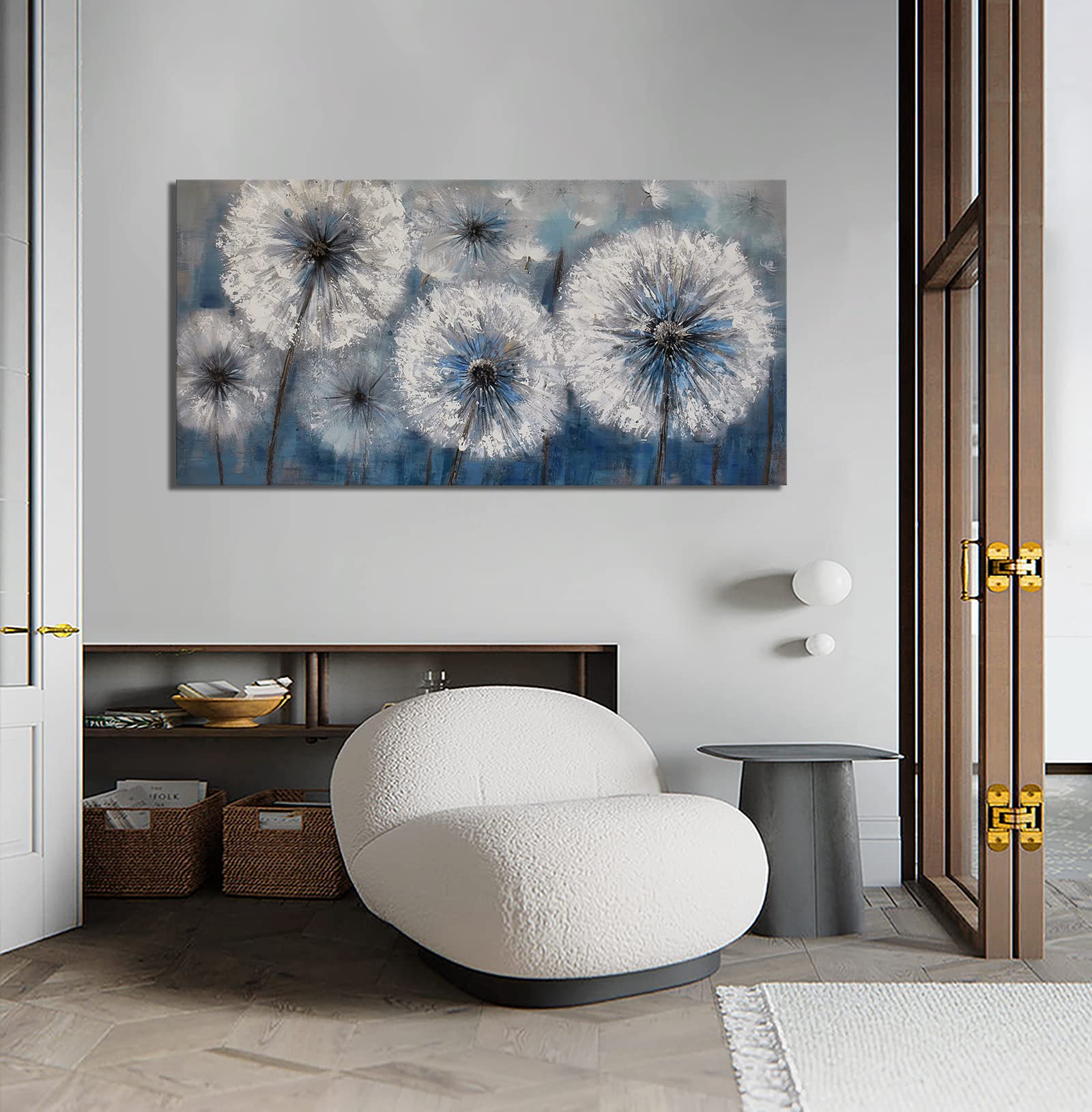 Blue Dandelion Canvas Wall Art - Large 29x58 Inch Framed Modern Flower Painting for Living Room & Bedroom Decor - Perfect Above Bed or Sofa for Home & Office