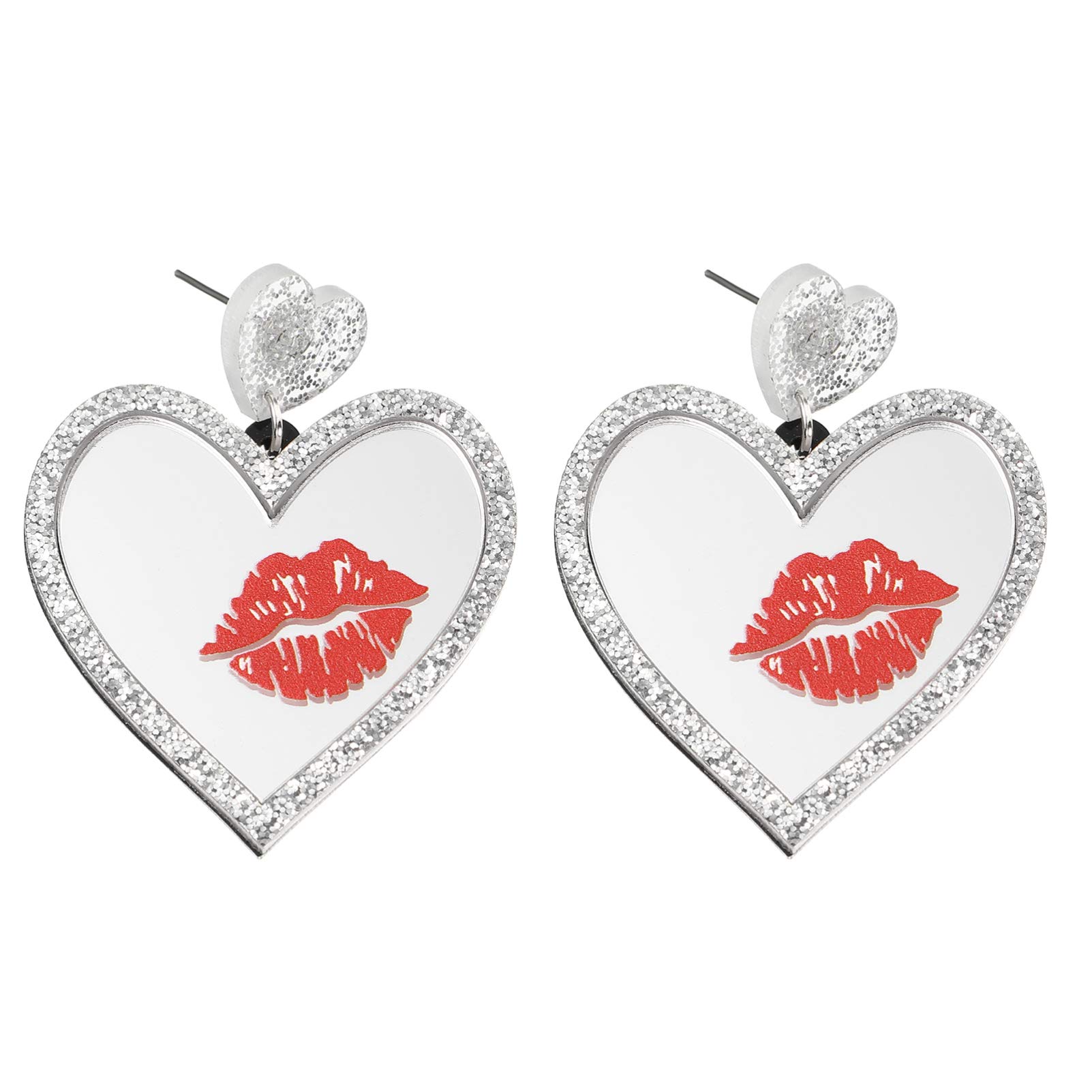 Amosfun Red Lips Print Heart Mirror Acrylic Stud Earrings for Women & Girls - Valentine's Day Gift, Party Jewelry, Date Night Accessories (Silver)