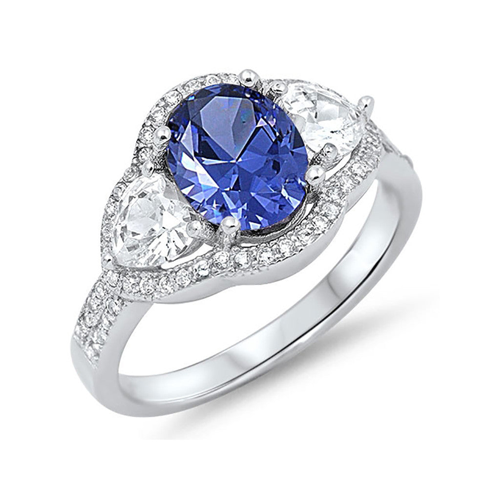 3 Stone Wedding Engagement Ring - Halo Oval Heart Round Cubic Zirconia 925 Sterling Silver (Choose Color) | Perfect for Proposals, Anniversaries & Special Occasions